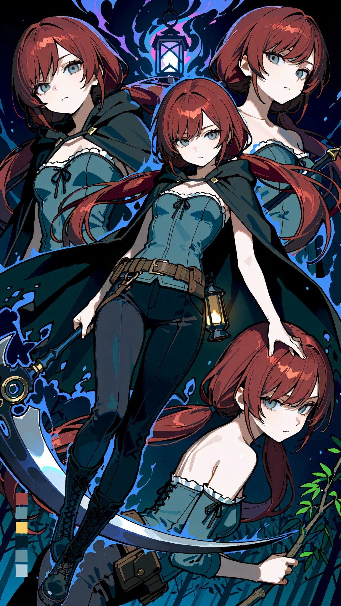 (masterpiece:1.2, Best Quality), (finely detailed beautiful eye: 1.2), (beautiful detailed face, good_hands),  expressionless, different poses, lifeless eyes, tired, upper body, portrait, action pose, holding scythe, black scythe, scythe with dark purple edge, dynamic angle, dark red hair,swept bangs, low twin tails, gray eyes, strapless gray shirt, white frill trim, black trousers, black combat boots, tattered black cloak, willow tree branches, dark background, lantern, small , thin, (color guide:1.2), (multiple views), (full body), dynamic pose,dramatic composition with ink splatter effects, manga style with explosive effect,dramatic lighting, dark purple splash effect,