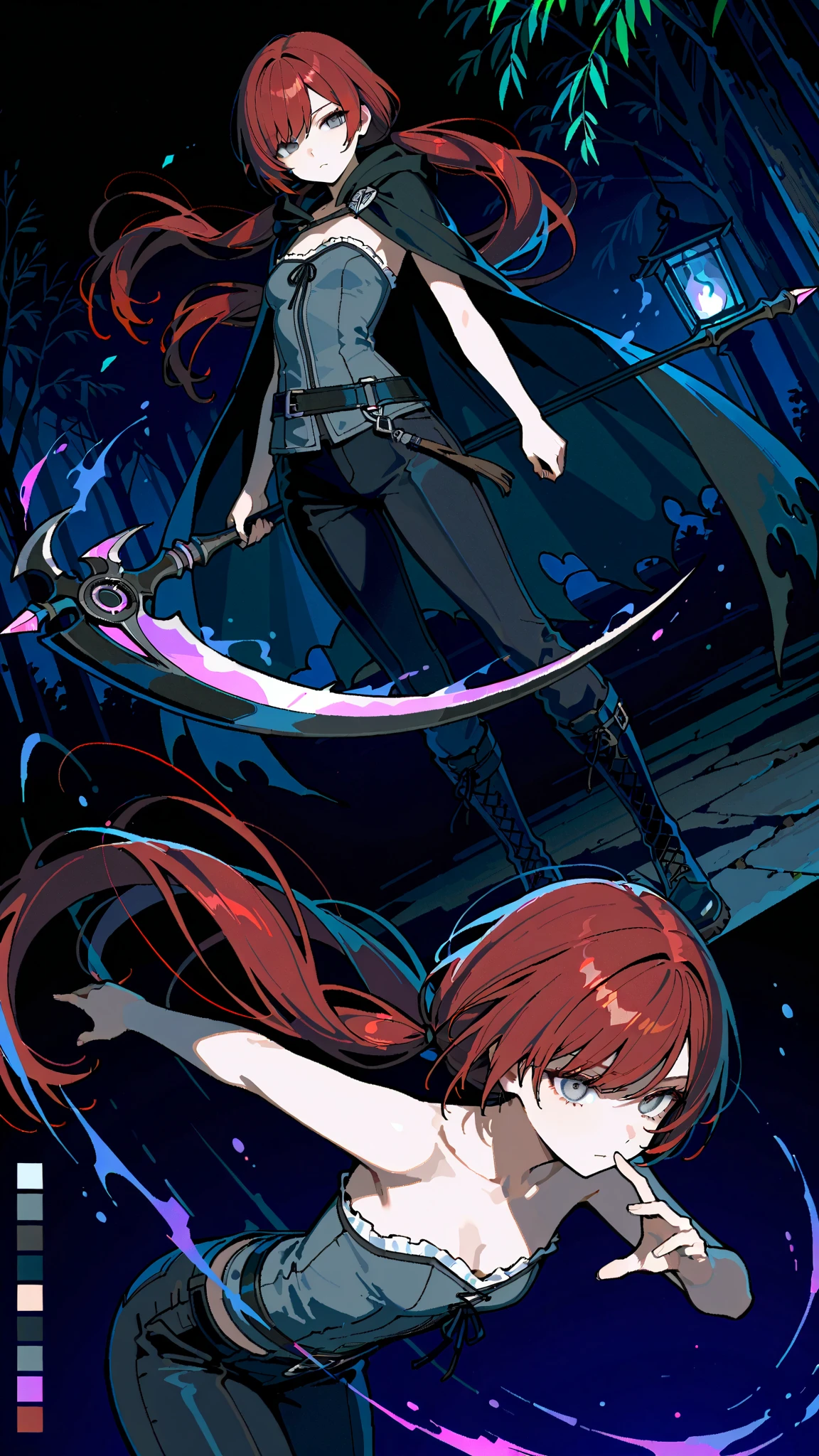 (masterpiece:1.2, Best Quality), (finely detailed beautiful eye: 1.2), (beautiful detailed face, good_hands),  expressionless, different poses, lifeless eyes, tired, upper body, portrait, action pose, holding scythe, black scythe, scythe with dark purple edge, dynamic angle, dark red hair,swept bangs, low twin tails, gray eyes, strapless gray shirt, white frill trim, black trousers, black combat boots, tattered black cloak, willow tree branches, dark background, lantern, small , thin, (color guide:1.2), (multiple views), (full body), dynamic pose,dramatic composition with ink splatter effects, manga style with explosive effect,dramatic lighting, dark purple splash effect,