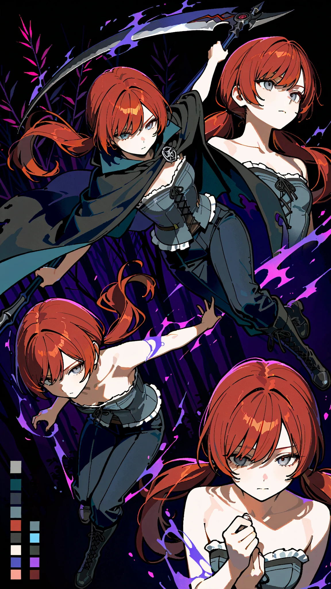 (masterpiece:1.2, Best Quality), (finely detailed beautiful eye: 1.2), (beautiful detailed face, good_hands),  expressionless, different poses, lifeless eyes, tired, upper body, portrait, action pose, holding scythe, black scythe, scythe with dark purple edge, dynamic angle, dark red hair,swept bangs, low twin tails, gray eyes, strapless gray shirt, white frill trim, black trousers, black combat boots, tattered black cloak, willow tree branches, dark background, lantern, small , thin, (color guide:1.2), (multiple views), (full body), dynamic pose,dramatic composition with ink splatter effects, manga style with explosive effect,dramatic lighting, dark purple splash effect,