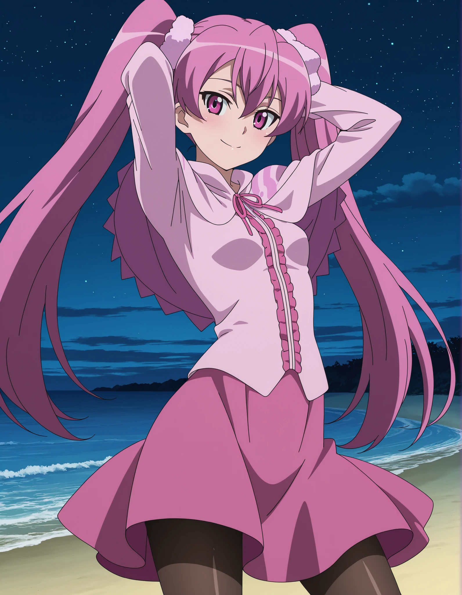 mine, long hair, twintails, pink hair, pink eyes, small breasts, mature female, anime screencap, dress, pantyhose, pink dress, capelet, pink capelet, pink skirt, skirt, long sleeves, shiny skin, solo, night sky, beach, hands behind head, ((contrapposto)), closed mouth, cowboy shot, looking at viewer, smile, best quality,