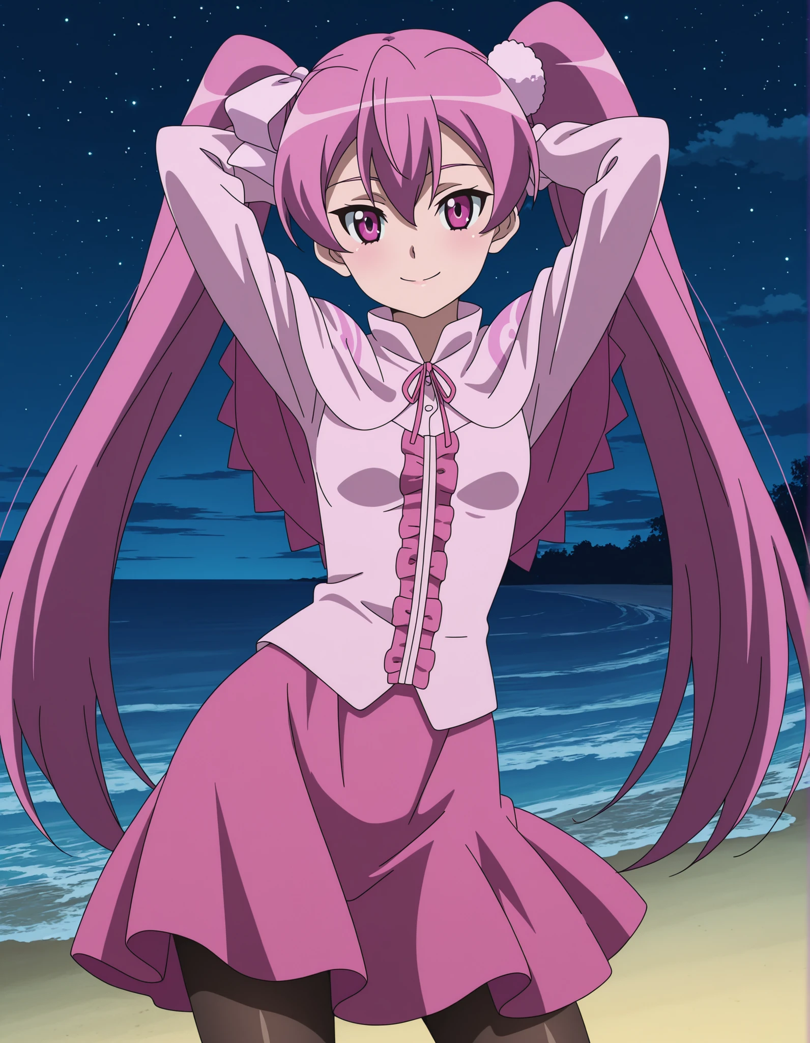 mine, long hair, twintails, pink hair, pink eyes, small breasts, mature female, anime screencap, dress, pantyhose, pink dress, capelet, pink capelet, pink skirt, skirt, long sleeves, shiny skin, solo, night sky, beach, hands behind head, ((contrapposto)), closed mouth, cowboy shot, looking at viewer, smile, best quality,