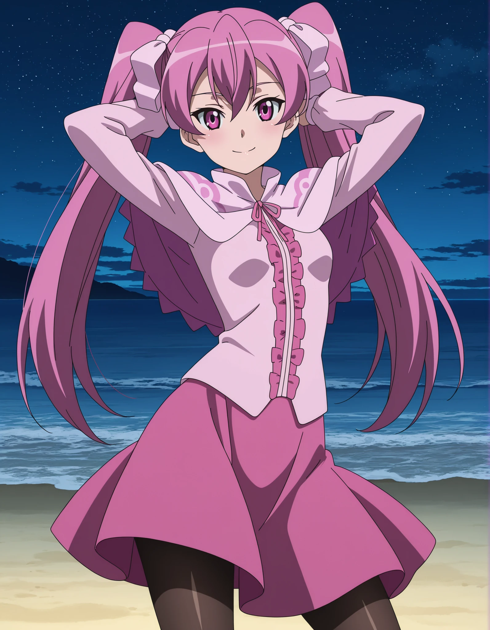 mine, long hair, twintails, pink hair, pink eyes, small breasts, mature female, anime screencap, dress, pantyhose, pink dress, capelet, pink capelet, pink skirt, skirt, long sleeves, shiny skin, solo, night sky, beach, hands behind head, ((contrapposto)), closed mouth, cowboy shot, looking at viewer, smile, best quality,