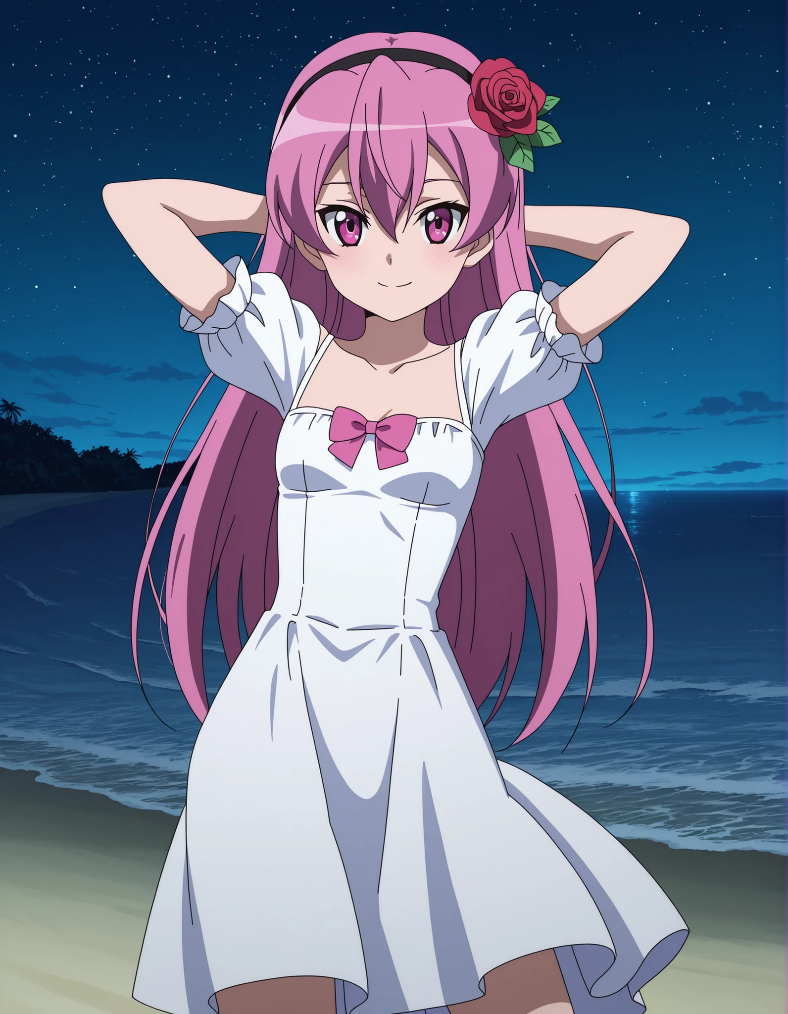 mine, long hair, hair down, hair between eyes, long hair, pink hair, pink eyes, black hairband, hair flower, red rose, white dress, puffy short sleeves, dress bow, pink bow, small breasts, anime screencap, solo, night sky, beach, hands behind head, ((contrapposto)), closed mouth, cowboy shot, looking at viewer, smile, best quality,