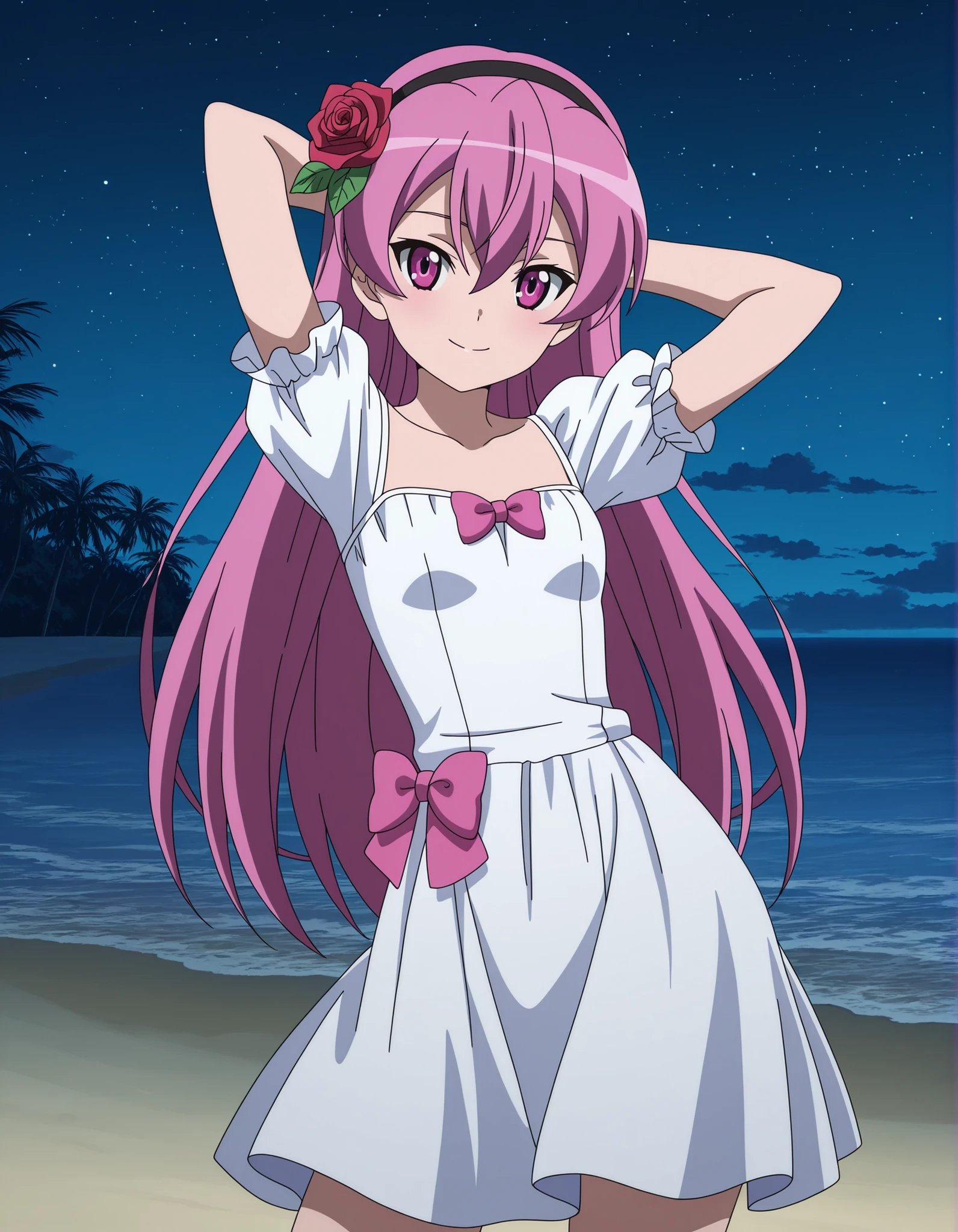 mine, long hair, hair down, hair between eyes, long hair, pink hair, pink eyes, black hairband, hair flower, red rose, white dress, puffy short sleeves, dress bow, pink bow, small breasts, anime screencap, solo, night sky, beach, hands behind head, ((contrapposto)), closed mouth, cowboy shot, looking at viewer, smile, best quality,