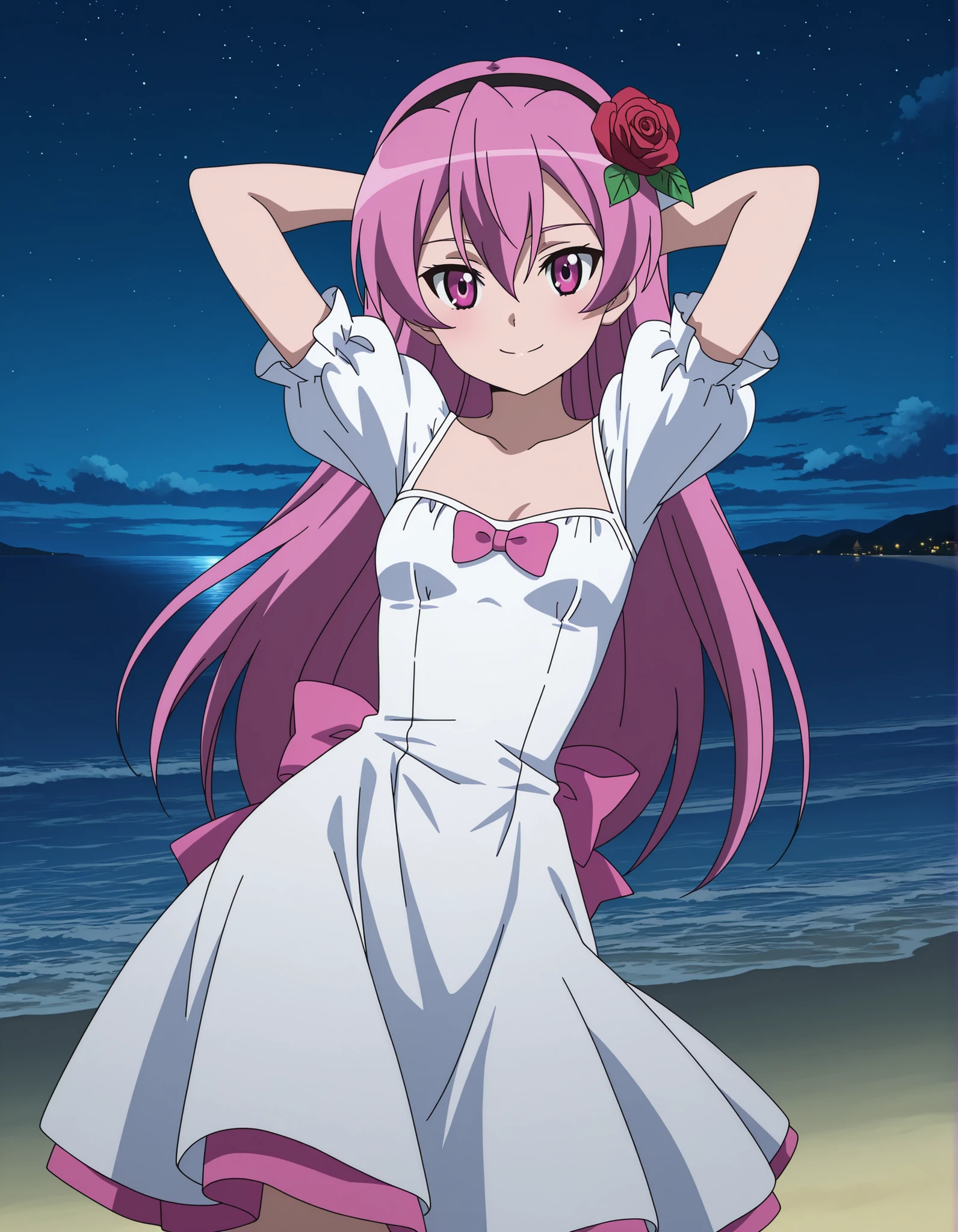 mine, long hair, hair down, hair between eyes, long hair, pink hair, pink eyes, black hairband, hair flower, red rose, white dress, puffy short sleeves, dress bow, pink bow, small breasts, anime screencap, solo, night sky, beach, hands behind head, ((contrapposto)), closed mouth, cowboy shot, looking at viewer, smile, best quality,