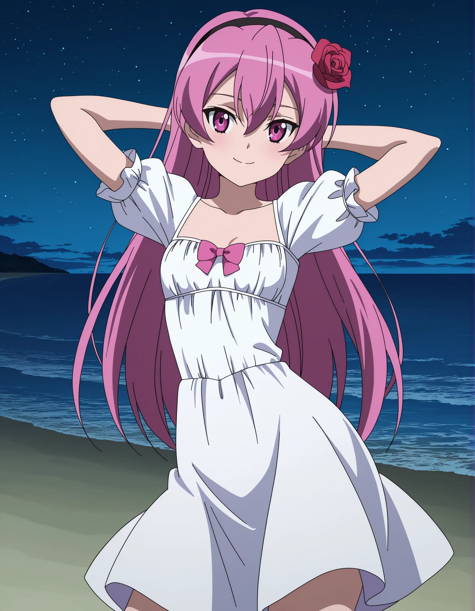 mine, long hair, hair down, hair between eyes, long hair, pink hair, pink eyes, black hairband, hair flower, red rose, white dress, puffy short sleeves, dress bow, pink bow, small breasts, anime screencap, solo, night sky, beach, hands behind head, ((contrapposto)), closed mouth, cowboy shot, looking at viewer, smile, best quality,