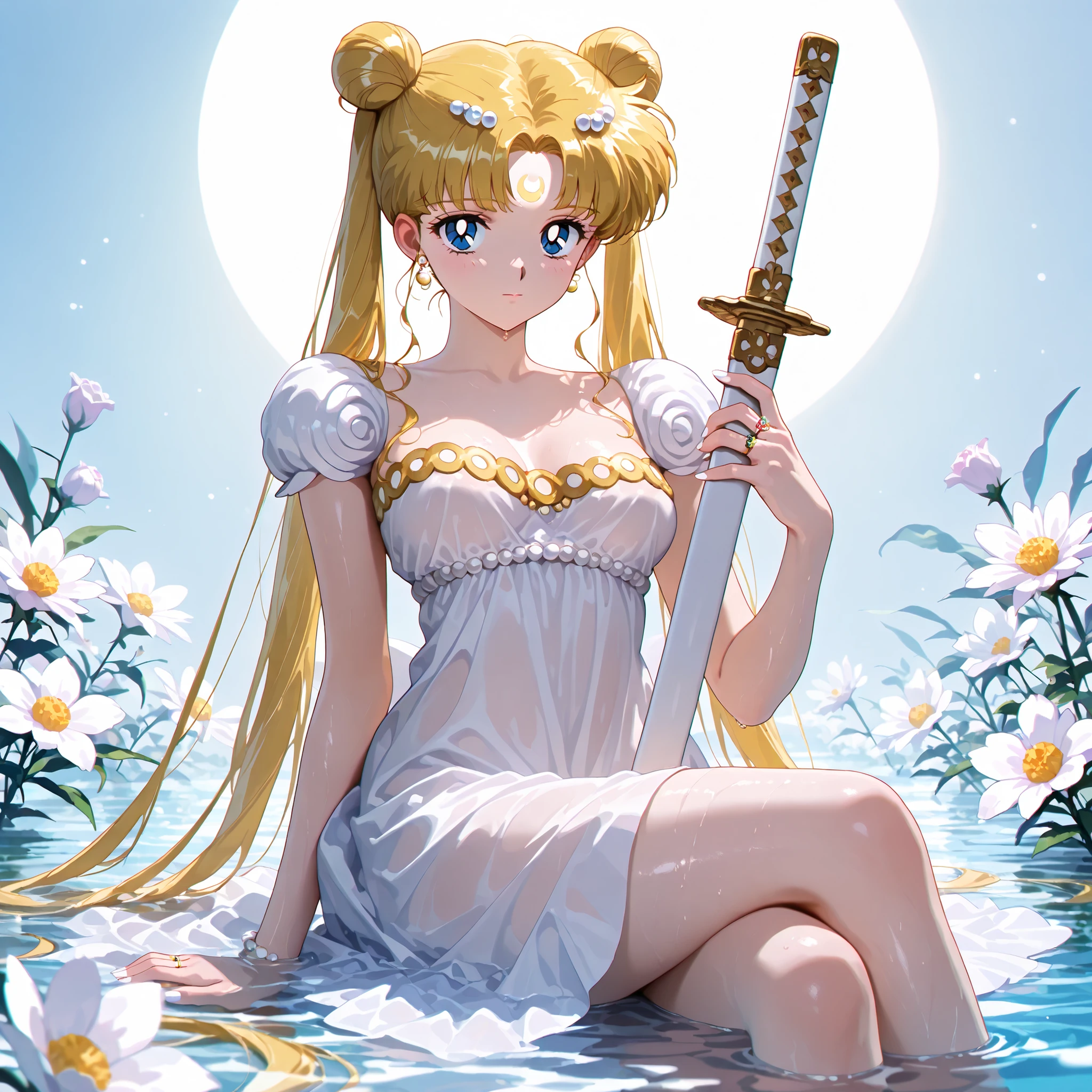 masterpiece, amazing quality, best quality, ultra-detailed, 8K, illustration, clear skin, ultra-detailed-eyes, soft skin, very awa, very as2, soft body, 1990s \(style\), official art, solo, usagi tsukino, blonde hair, blue eyes, double bun, hair bun, long hair, twintails, parted bangs, forehead mark,  medium breasts, solo,weapon, sword, sheath, holding sheath, jewelry, sitting,  flower, blunt bangs, earrings, looking at viewer, white dress, dress, crossed legs, ring, water,  fingernails, white theme, closed mouth, white nails,  partially submerged, chromatic aberration, detailed lighting, (from below)