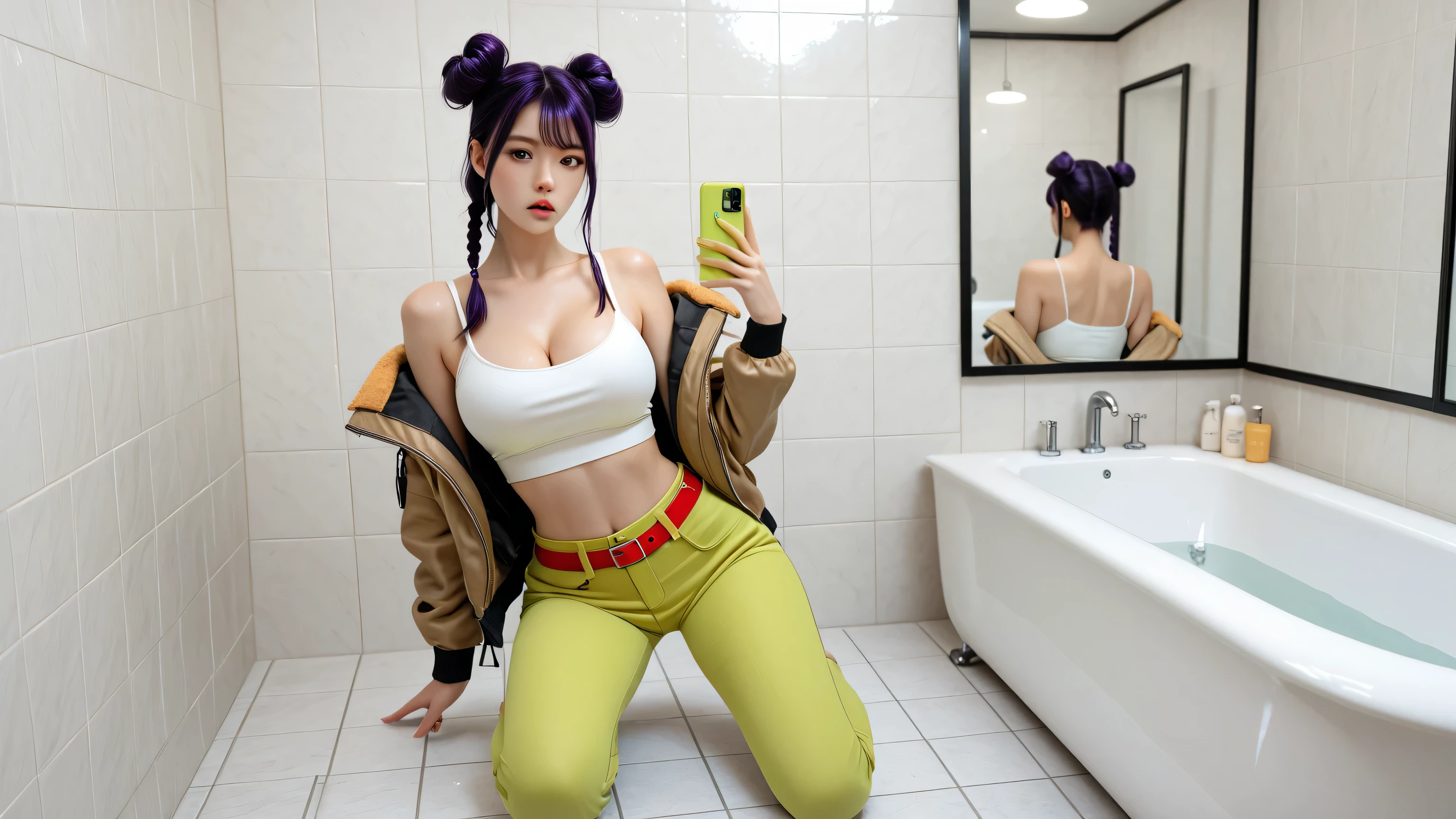 Two beautiful, stylish girls in a bright, modern bathroom with a bathtub.
They are kneeling on a clean white tile floor in a stylish and confident pose.
The girl on the left has short black hair tied in two buns, wearing a teal crop top with black straps and wide-leg yellow-green pants with fringes, holding bright neon blades.
The other girl has long purple hair braided into 1/2 buns, wearing a yellow-black bomber jacket with dragon motifs, a white crop top and black shorts with a red belt.
Both girls look seductive, with slightly lewd and strong facial expressions, with cinematic lighting and high detail.
The bathroom background includes a bathtub, mirror and bright white light with a slightly glossy reflection effect.
Super detailed, digital art, 8k, 3D style, cinematic, style. by real person
Masterpiece, best quality, excellent quality, 4K, very aesthetic, high resolution, extremely detailed, perfect face, exquisite, realistic, breasts, natural skin, charming skin and big round eyes, brown eyes, charming cleavage