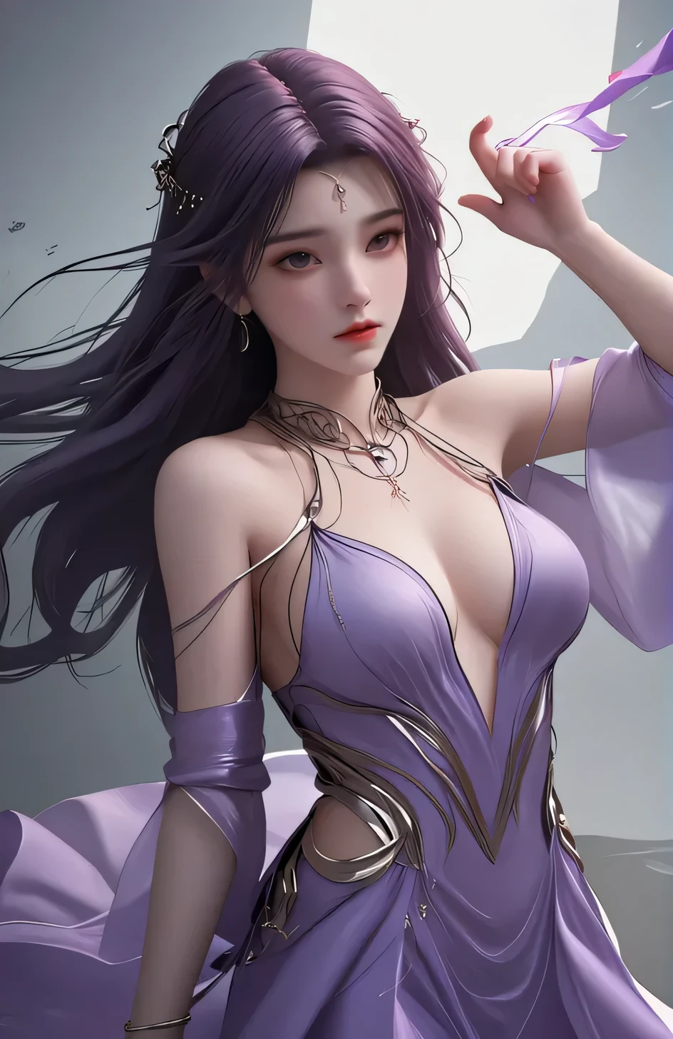cowboy_shot,portrait,ultra realisticmasterpiece,best quality,1girl,long hair,jewelry,purple hair,purple dress,bare shoulders,cowboy shot,dynamic pose,dynamic angle,<lora:yunxi_V1-000001:1>,