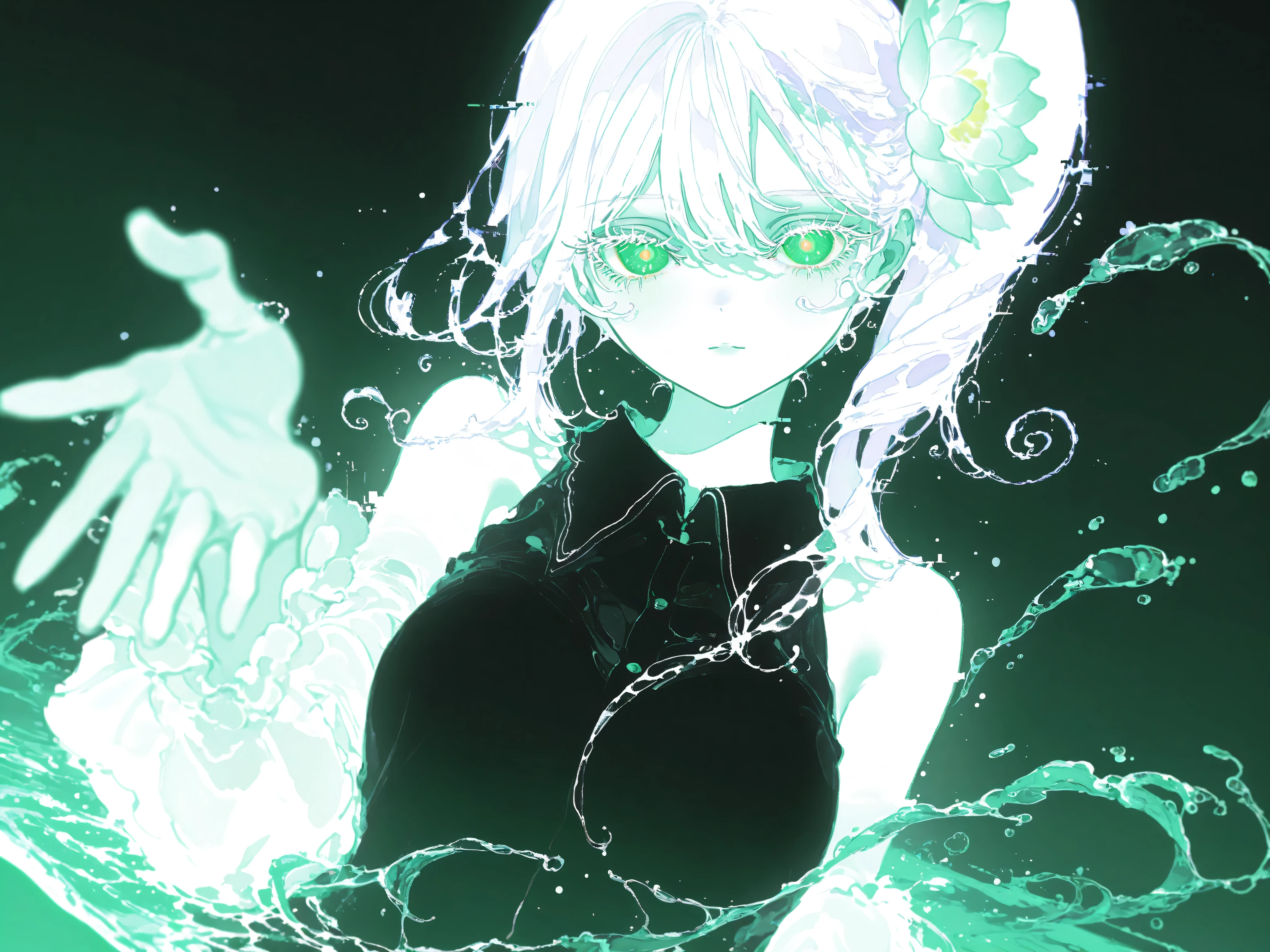masterpiece, Highest Quality, Great Quality, absurd, Super Detailed, very beautiful, Newest, 1girl, green eyes, white hair, Side Ponytail, medium boobs, expressionless, hair flower, Lotus, Collared Dress, black dress, Remove sleeve, white sleeve, long sleeve, just_shoulder, taking off her shoes, depth_body, (dynamic angles, dutch angle, (((Dynamic Pose))), perspective, hands up, reach out, (swirling water), (purple theme, Pastel Green Theme), Yoneyama_illustration, Digital Art, surreal, dynamic composition, xxx667 _illustration, Glowing, glitch, B3JP, traditional media, aegyo sal, Korean art , Digital Painting Style, fantasy illustrationstration, dreamy atmosphere, Glow, soft lighting, Emotional Gaze, red face, Delicate Skin Textures, glowing eyes, detailed eyelashes, Cute expression, LONG EYELASH,