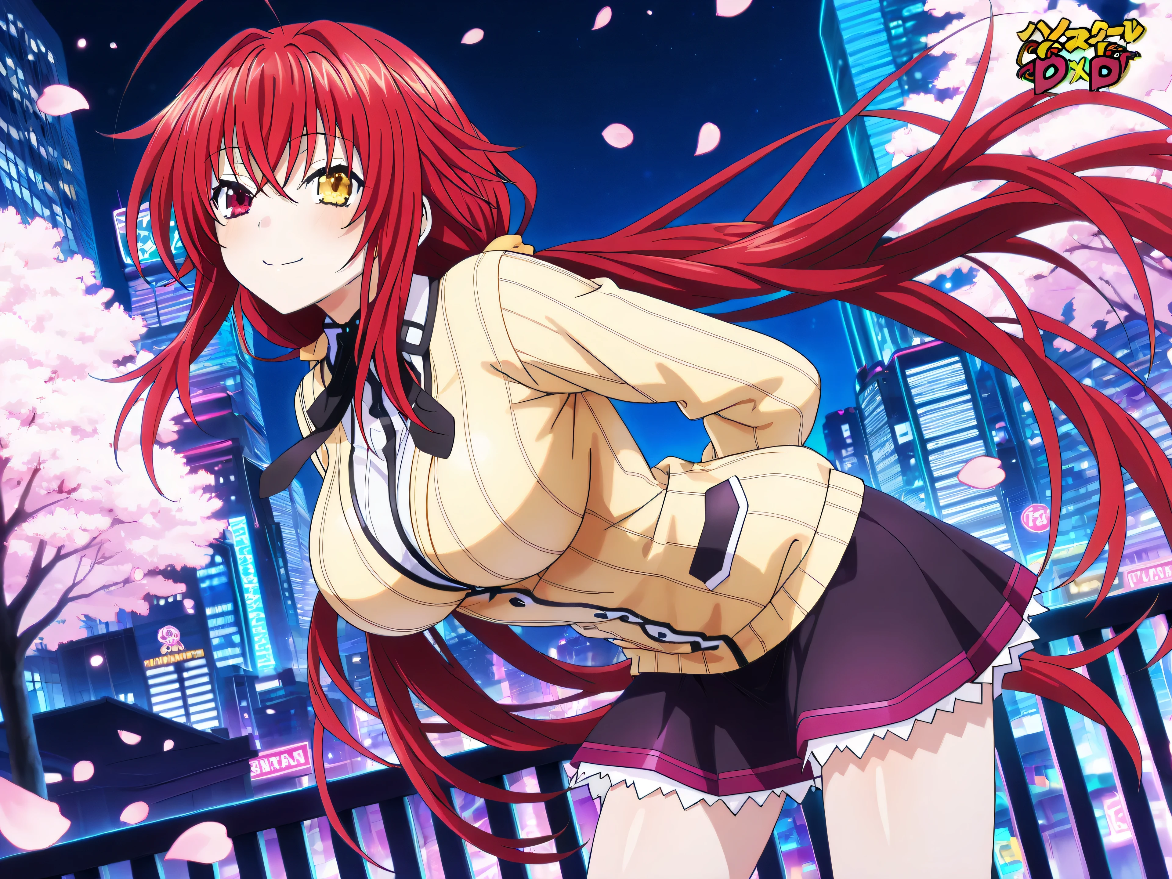 (masterpiece, best quality, ultra detailed, official art, 8k, anime key visual),
Three beautiful waifus:
1. Rias Gremory (High School DxD) wearing her classic red and black school uniform, long crimson hair, confident expression,
2. Nino Nakano (Quintessential Quintuplets) in her yellow sweater and black skirt, short pink hair, cute and slightly tsundere expression,
3. Tokisaki Kurumi (Date A Live) in her red and black gothic lolita dress, long twin-tails hair with red ribbons, mysterious smile,
All three standing together in a modern Japanese city at night, Tokyo skyline, neon lights, bustling streets, cherry blossom petals floating in the air,
cinematic lighting, detailed background, depth of field, beautiful and sexy, dynamic poses,
<lora:RiasGremory_v10:0.7>, <lora:NinoNakano_v5:0.7>, <lora:TokisakiKurumi_v8:0.7>