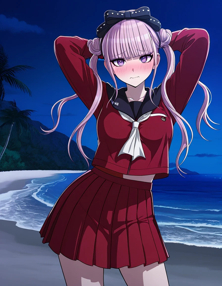 kako, pink hair, twintails with double bun style, purple eyes, blunt bangs, hair bow, red serafuku uniform, black sailor collar, red pleated skirt, game screencap, high quality, solo, night sky, beach, arms behind head, (contrapposto), closed mouth, shy, wavy mouth, cowboy shot, looking at viewer, best quality