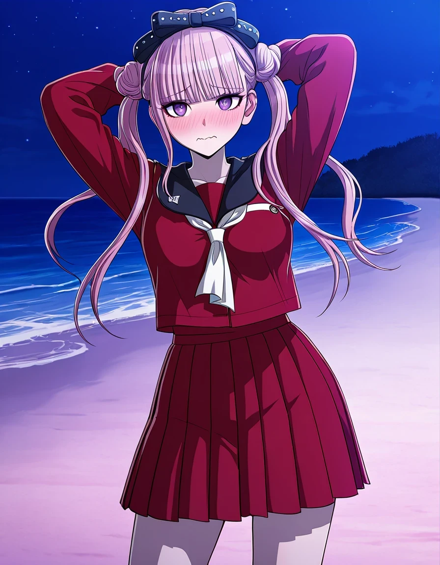 kako, pink hair, twintails with double bun style, purple eyes, blunt bangs, hair bow, red serafuku uniform, black sailor collar, red pleated skirt, anime screencap, high quality, solo, night sky, beach, arms behind head, (contrapposto), closed mouth, shy, wavy mouth, cowboy shot, looking at viewer, best quality
