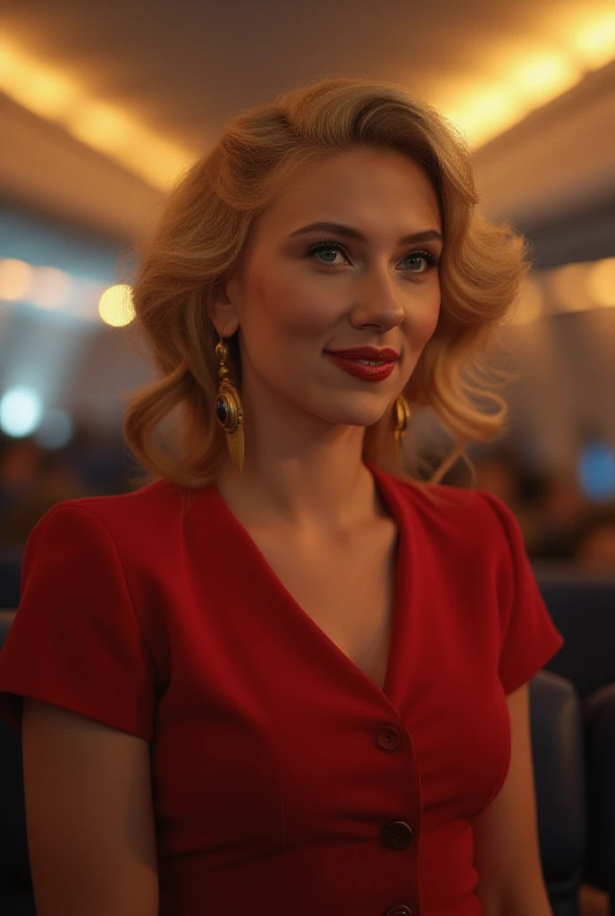 Une jeune femme blonde sexy aux cheveux courts et aux vêtements chauds est assise sur un siège dans un vaisseau spatial et la fenêtre peut montrer de belles étoiles