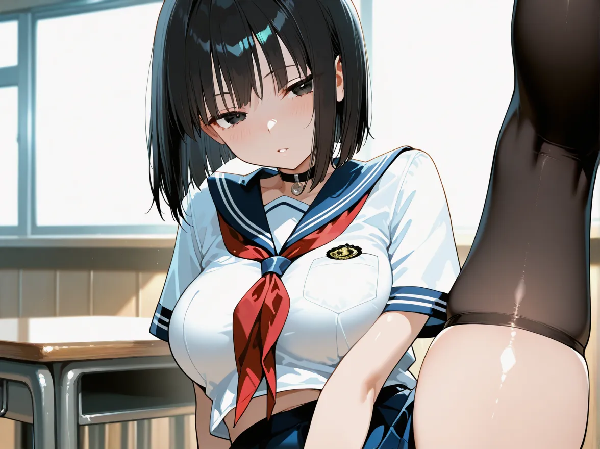 (1 girl)、(8k、masterpiece:1.4、highest quality:1.4、超A high resolution、Ultra-detailed)、(High-resolution RAW color photos、Photorealistic:1.4、Surreal)、(white short sleeve sailor uniformを着た女子高生)、(white short sleeve sailor uniform、The collar color of the sailor suit is dark blue)、(Lie on your back in bed:1.4、Show your hand)、(Shooting from the ceiling、Center image、Full Body Shot、Full body photo)、(Shiny, delicate, Fair skin,、black beautiful eyes、High nose bridge、Realistic human skin)、 (Dark black hair、Black straight hair、Black hair Medium long hair、Shiny dark hair)、Huge 、Small waist:1.2、Perfect Proportions、(Not wearing a skirt)、(I can see the whole .、Her   is in full view、The  is clearly visible)、 (Sleeping in a bed in a room:1.4、Being pushed onto the bed:1.4、 open from side to side:1.4、With   wide open)、Exposed thighs、Not wearing panties、完璧でBright lighting、light makeup、Japanese schoolgirl、Beautiful school girl、Mature 、Beautiful older sister high school girl、18-year-old 、Princess、Very embarrassed、highly detailed bedroom、A very bright room in the daytime、Very bright room with ceiling lighting、Thick pubic hair、Bright lighting