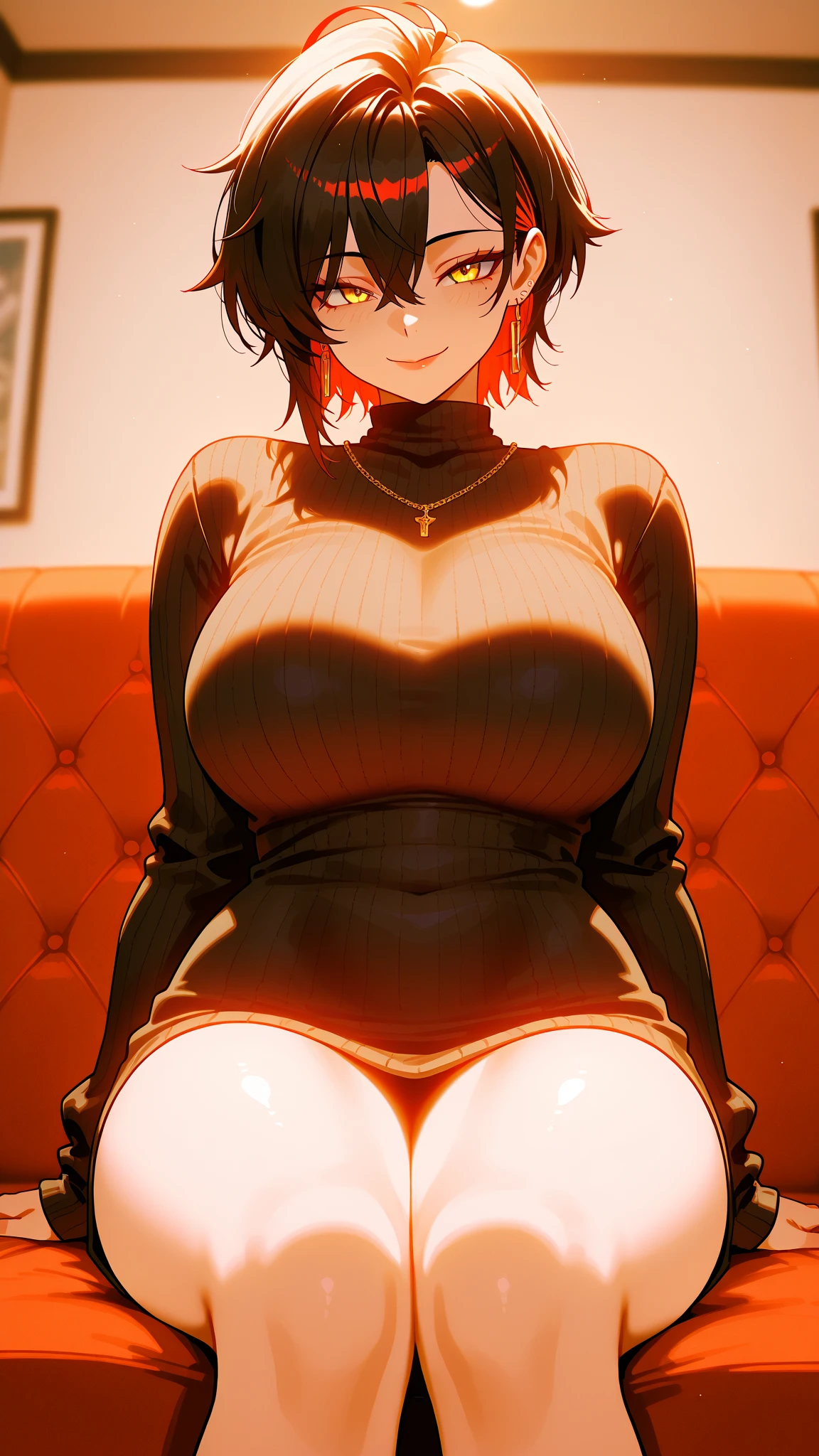 8k, RAW photos, top quality, masterpiece: 1.2), (High Quality), ray tracing, HDR, (High Details), (Face detail), (Shadow Detail), (amplected), stylized blush, 3d, 3d render, 1girl, solo, masterpiece, best quality, high quality, highres, 4K, perfect , rendered eyes, makeup, woman, detailed, thick thighs, 1girl, solo, masterpiece, best quality, high quality, highres, 4K, Penny, Black Hoodie, deep v-neck, Grey Pantyhose, messy hair, tired eyes, eye bags, tired, bags under eyes, nervous, matured, messy bedroom background