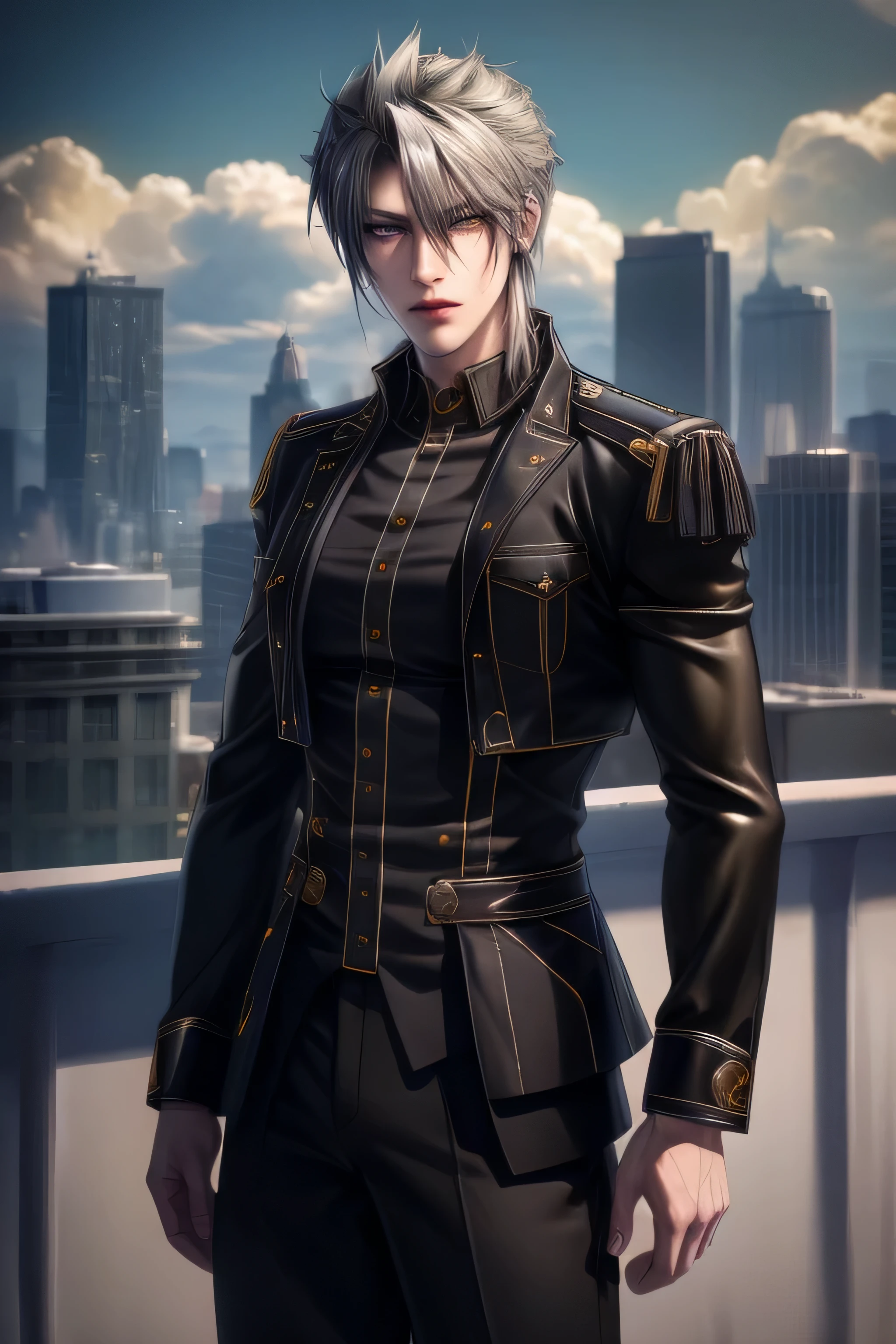 {{photorealistic)), (masterpiece,best quality,ultra_detailed,highres,absurdres) (detailed shadow) (quality light),1 mature male, 21 years old, korean male focus, solo, mid-length black hair, (yellow eyes), city background, full body, messy silver hair that looks like Cloud Strife, looking at viewer, ((wearing military uniform with gold trim)), black shirt, black pants