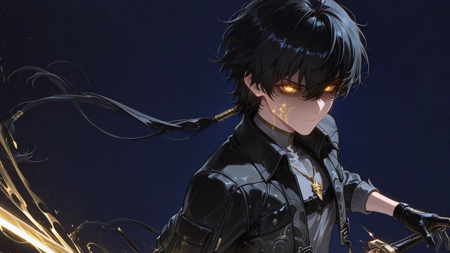 1 man, teacher, wearing a black leather jacket with chains, long black pants, black hair, short hair, face to detail, detailed eyes, black eyes, black crown floating over his head, in a fighting pose, the background is space beings in china