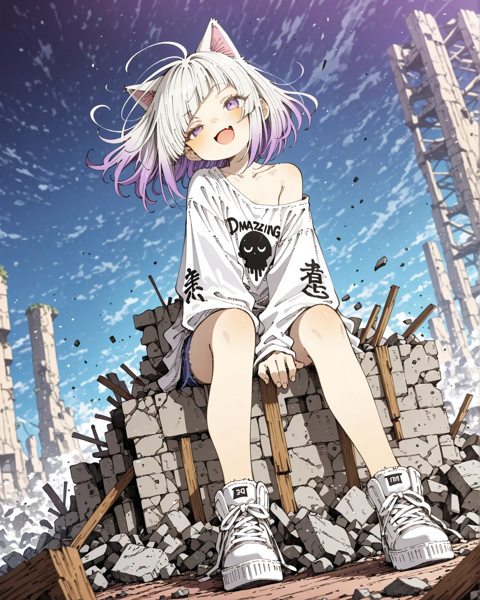 ((Abara Heiki style)), ((Masterpiece)), ((best quality, amazing quality)), ((very aesthetic, absurdres, newest)), ((detailed background, negative space, blurry background, depth of field)), (dynamic angle), ((1girl)), Cute young Girl, (Healthy Gaunt body, Textured skin, small , tilt head), (pale purple eyes, gradient eyes, looking at side, uneven eyes), (platinum-gold hair, diagonal bangs), gradient hair, blue color Hair Tip, (medium hair), (open mouth wide, skin fang, smile), blush, (cute cheeks), glossy lips, pouty lips, (lower eyelashes), (put on cat ears), Beautiful collarbones, BREAK, ((Frayed loose Long Sleeves shirts, ragged Long Sleeves, left shoulder, neck)), cute dolphin shorts, legs, Thick-soled Sneakers, ((loose sitting on the scrap wood, , wind blow, rubble, outdoor)), Collapsed cliff, Vast forests spread out below, sunnyday,