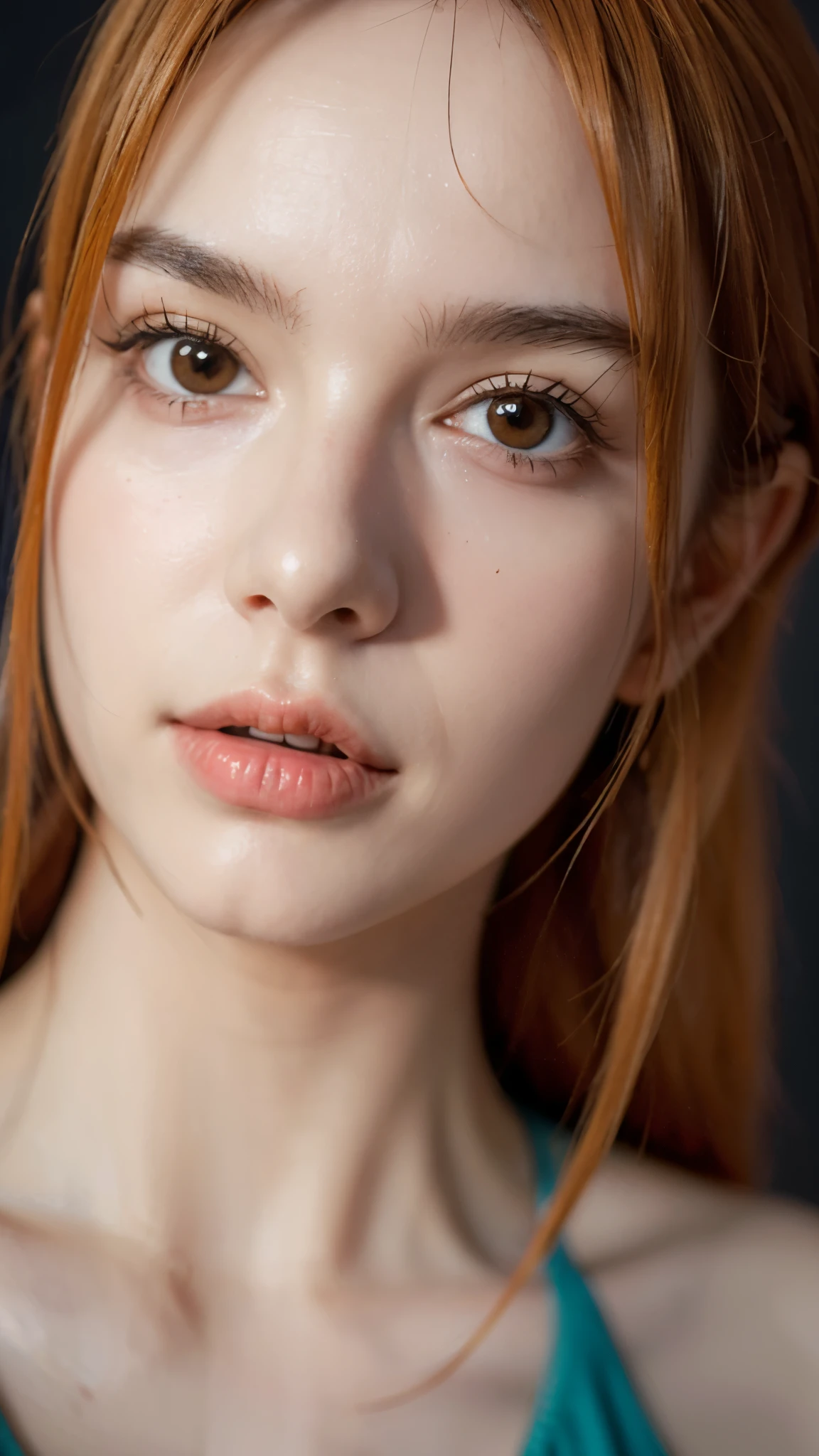 Half-body portrait of Nami from One Piece, ultra realistic and super detailed, lifelike skin texture, vibrant orange hair flowing naturally, expressive brown eyes, wearing her iconic outfit with detailed fabric texture, soft natural lighting highlighting her face and body, cinematic depth of field, hyper-detailed realism, high resolution, photorealistic anime style fusion