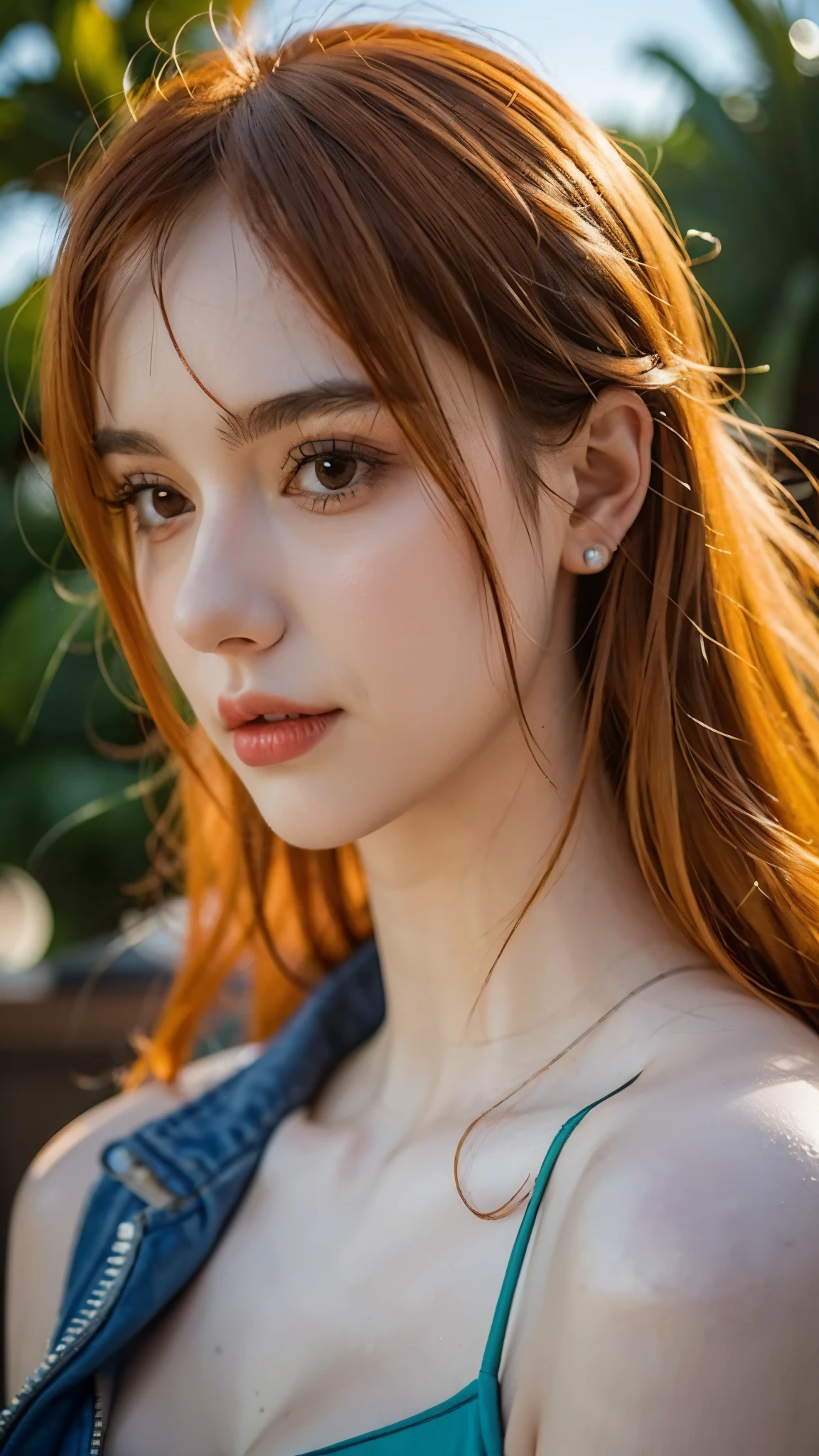 Half-body portrait of Nami from One Piece, ultra realistic and super detailed, lifelike skin texture, vibrant orange hair flowing naturally, expressive brown eyes, wearing her iconic outfit with detailed fabric texture, soft natural lighting highlighting her face and body, cinematic depth of field, hyper-detailed realism, high resolution, photorealistic anime style fusion
