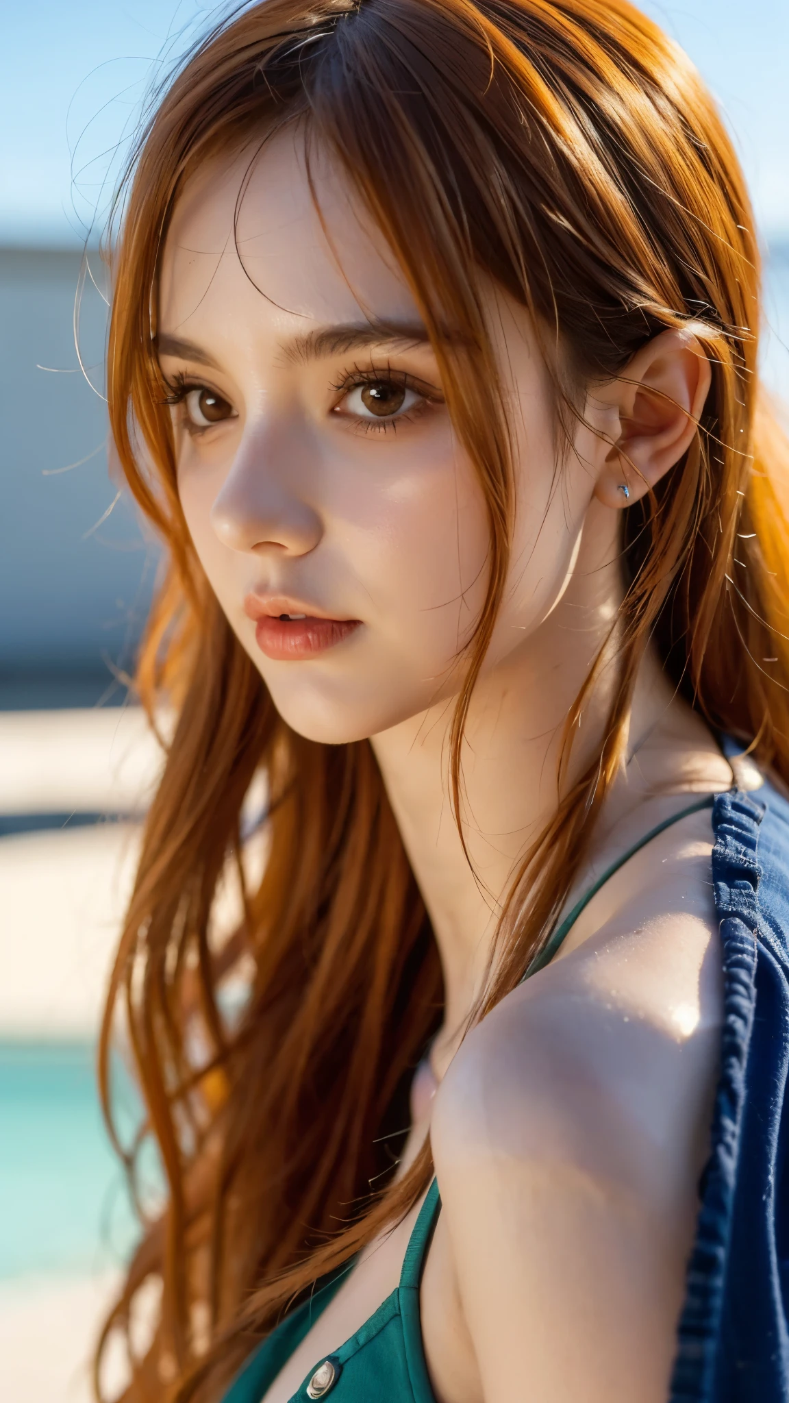 Half-body portrait of Nami from One Piece, ultra realistic and super detailed, lifelike skin texture, vibrant orange hair flowing naturally, expressive brown eyes, wearing her iconic outfit with detailed fabric texture, soft natural lighting highlighting her face and body, cinematic depth of field, hyper-detailed realism, high resolution, photorealistic anime style fusion