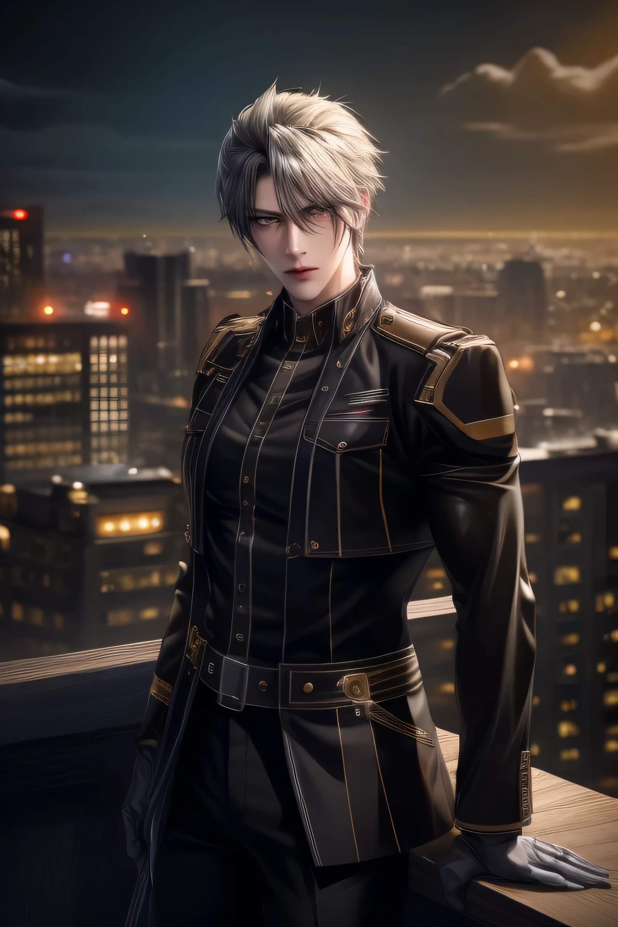{{photorealistic)), (masterpiece,best quality,ultra_detailed,highres,absurdres) (detailed shadow) (quality light),1 mature male, 21 years old, korean male focus, solo, mid-length black hair, (yellow eyes), city background, full body, messy silver hair that looks like Cloud Strife, looking at viewer, ((wearing military uniform with gold trim)), black shirt, black pants