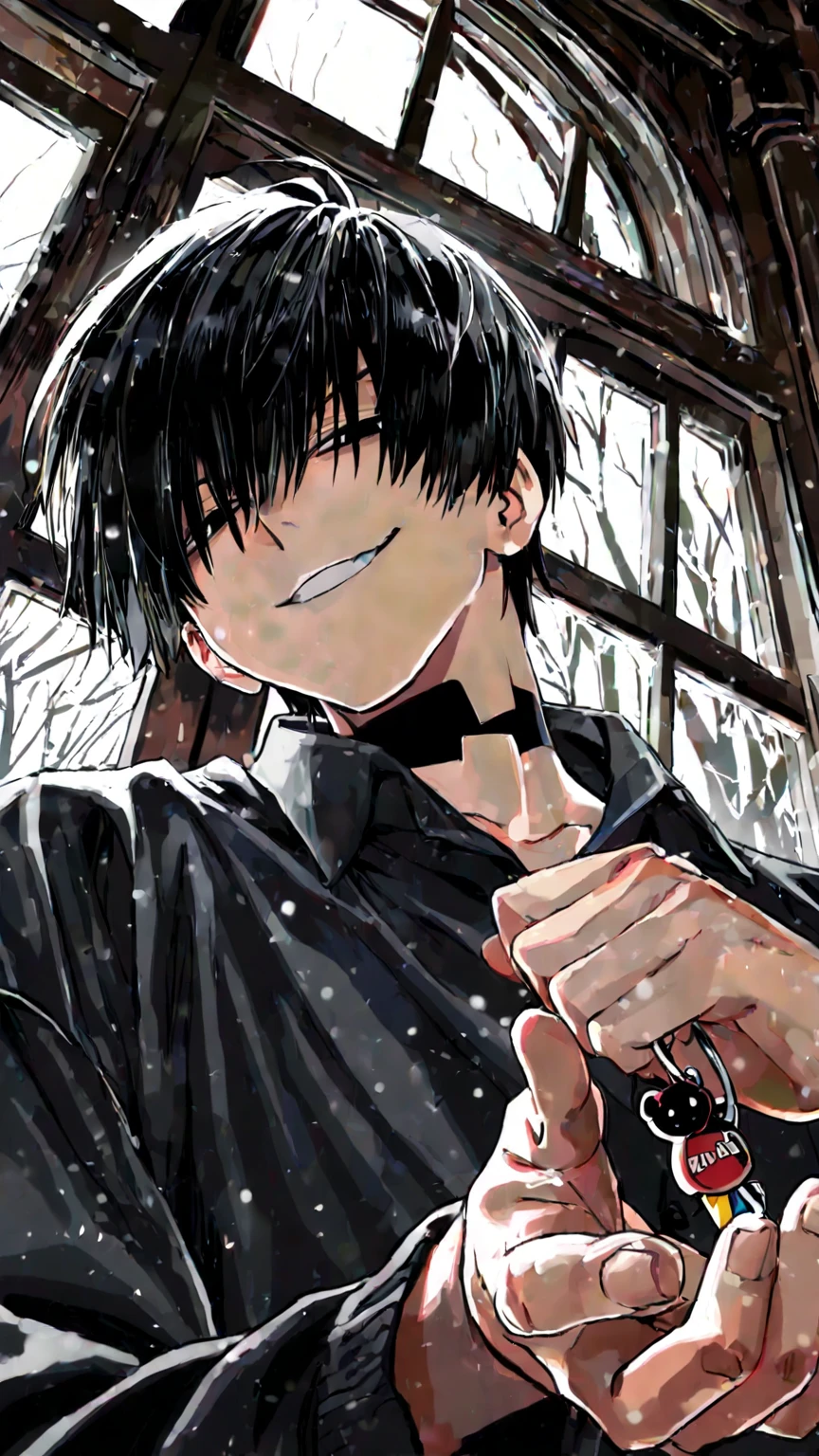 1 man, 30 years old, cold expression, looking down (low angle), sharp eyes, black eyes, black short hair, (front long bang until its neck), wearing grand black cloths, calculative smirk, cold expression, half-closed eyes, decadent charm, grand window background.