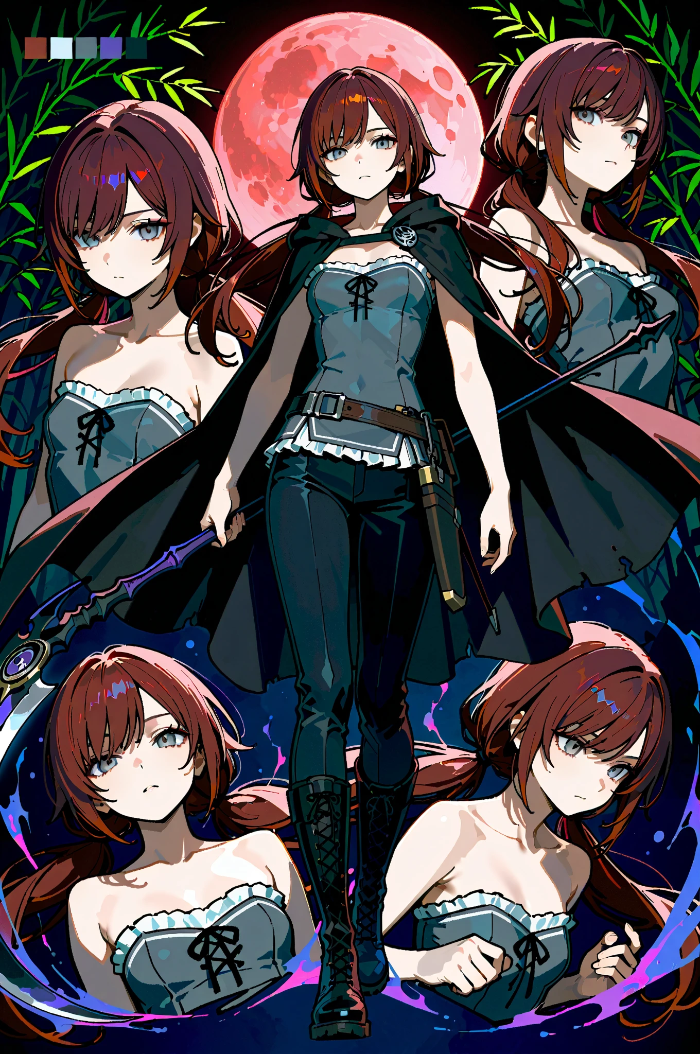 (masterpiece:1.2, Best Quality), (finely detailed beautiful eye: 1.2), (beautiful detailed face, good_hands),  expressionless, different poses, lifeless eyes, tired, upper body, portrait, action pose, holding scythe, black scythe, scythe with dark purple edge, dynamic angle, dark red hair,swept bangs, low twin tails, gray eyes, strapless gray shirt, white frill trim, black trousers, black combat boots, tattered black cloak, willow tree branches, dark background, lantern, small , thin, (color guide:1.2), (multiple views), (full body), dynamic pose,dramatic composition with ink splatter effects, manga style with explosive effect,dramatic lighting, dark purple splash effect,