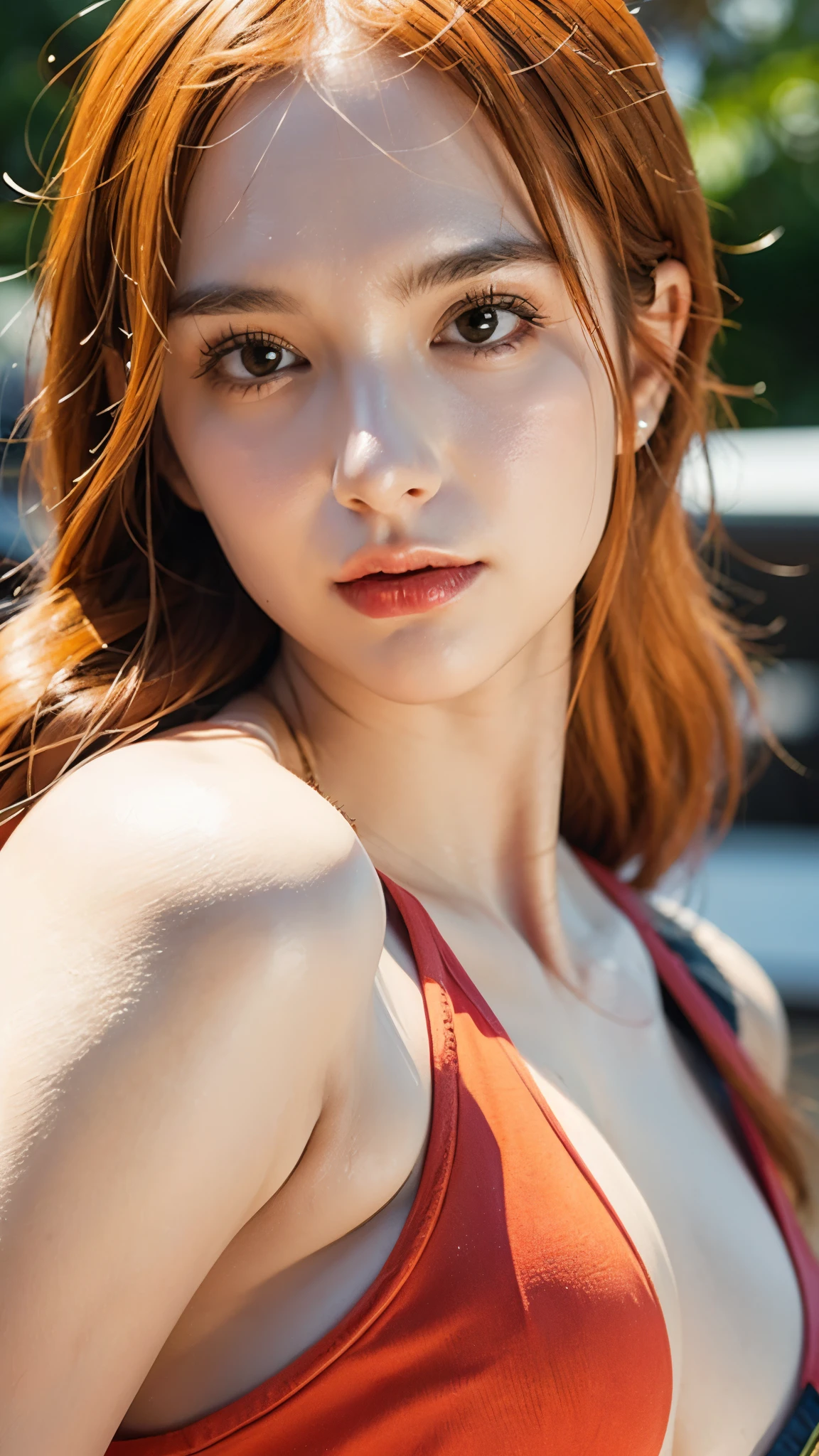 Half-body portrait of Nami from One Piece, ultra realistic and super detailed, lifelike skin texture, vibrant orange hair flowing naturally, expressive brown eyes, wearing her iconic outfit with detailed fabric texture, soft natural lighting highlighting her face and body, cinematic depth of field, hyper-detailed realism, high resolution, photorealistic anime style fusion