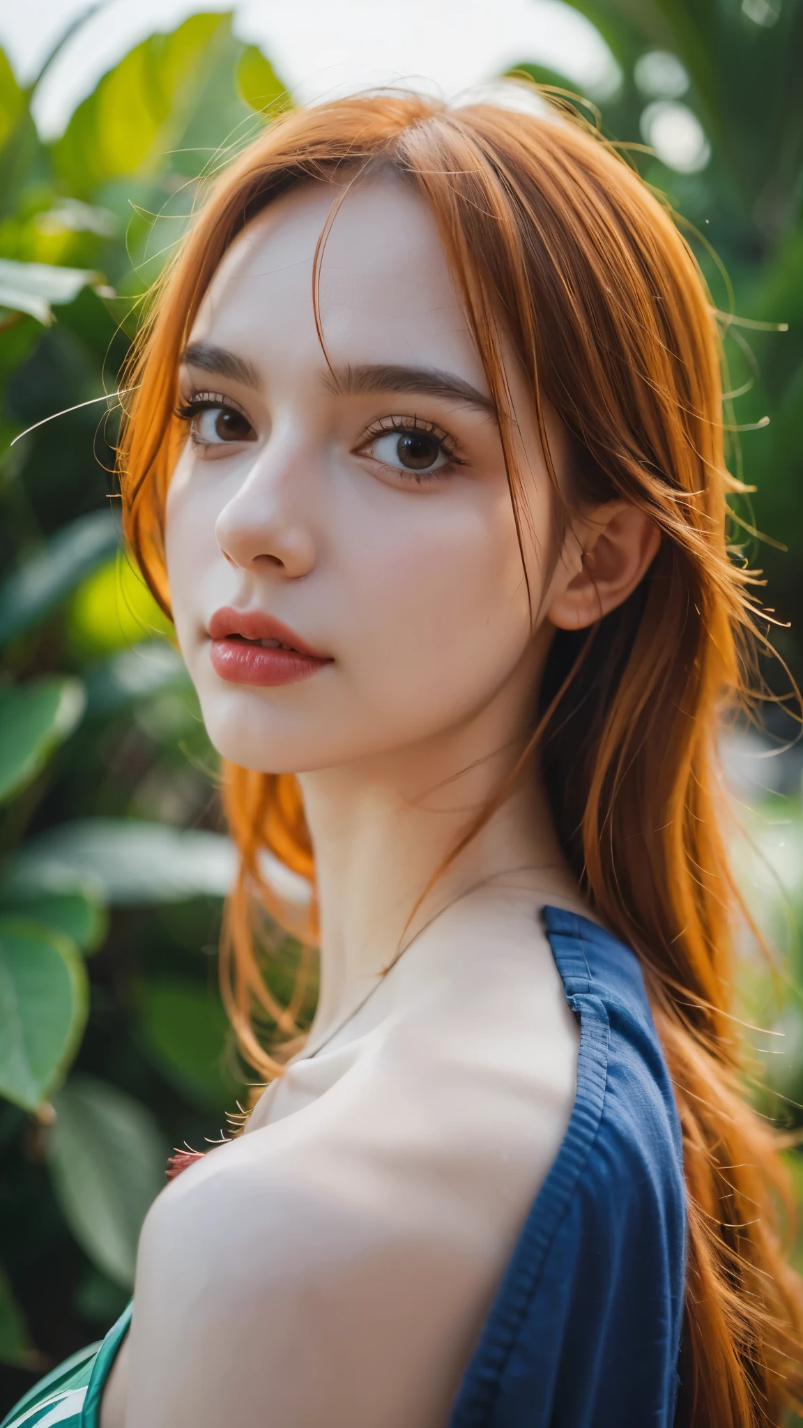 Half-body portrait of Nami from One Piece, ultra realistic and super detailed, lifelike skin texture, vibrant orange hair flowing naturally, expressive brown eyes, wearing her iconic outfit with detailed fabric texture, soft natural lighting highlighting her face and body, cinematic depth of field, hyper-detailed realism, high resolution, photorealistic anime style fusion