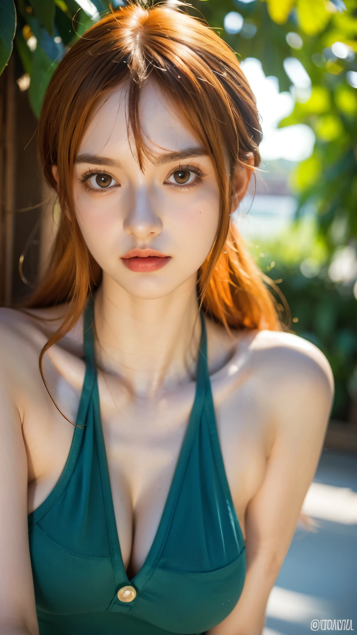 Half-body portrait of Nami from One Piece, ultra realistic and super detailed, lifelike skin texture, vibrant orange hair flowing naturally, expressive brown eyes, wearing her iconic outfit with detailed fabric texture, soft natural lighting highlighting her face and body, cinematic depth of field, hyper-detailed realism, high resolution, photorealistic anime style fusion