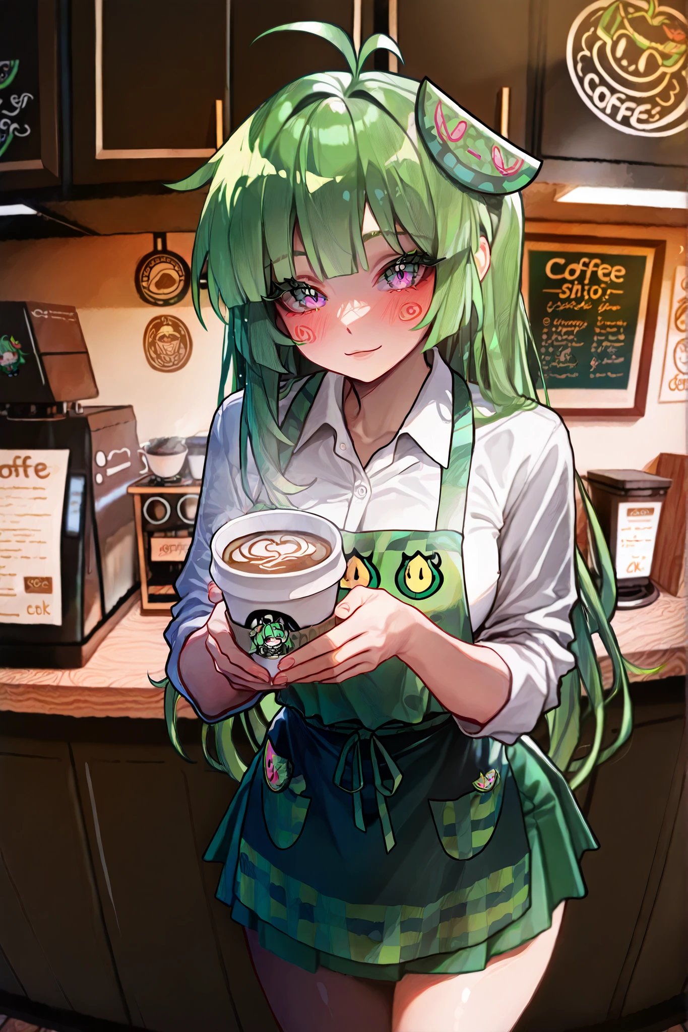 Vannamelon, a captivating portrait features a woman barista, apron, white shirt, green skirt, miniskirt, melon hairpin, holding a coffee,detailed facial features, calm expression, hands holding coffee cup, giving a coffe cup to viewer, coffee shop interior, 8K,professional,masterpiece