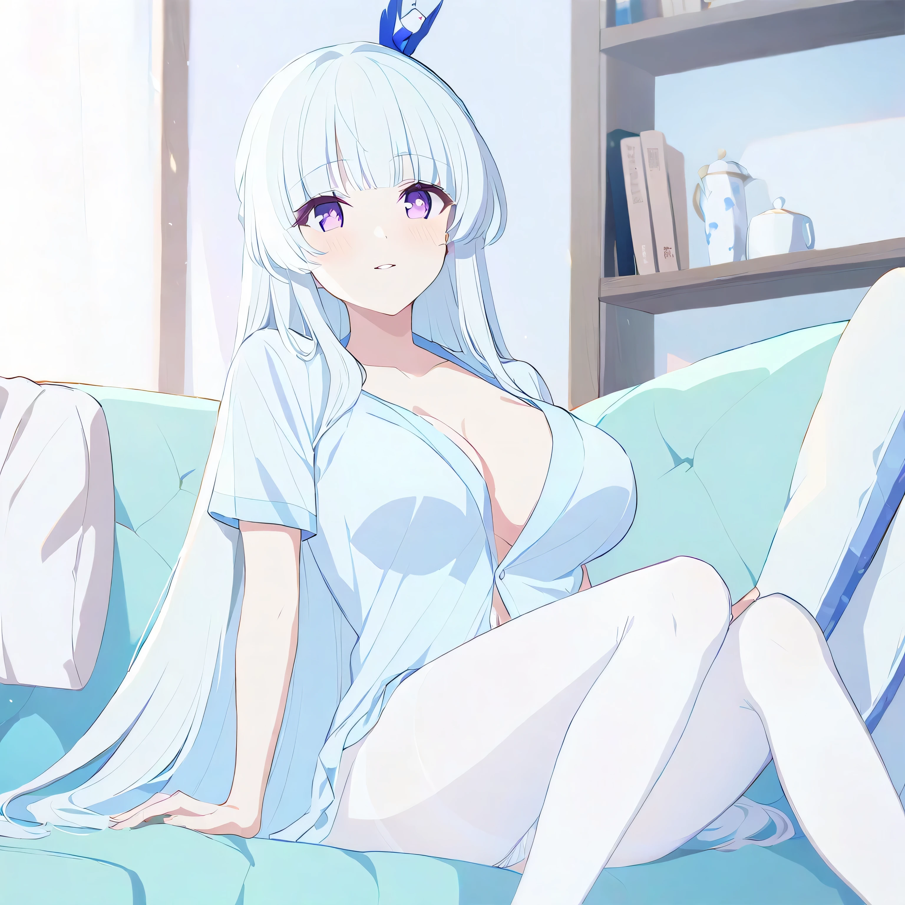 only one girl ，White hair,   long hair,  （ purple eyes :1.5), ( big boobs :1.2)，
 White socks，stockings，long socks] ，showing your knees， white panties，underwear， white pantyhose ，belly button， watching the audience时腿上的皮肤露出来  ，Person who only wears pajamas，rest，  Seto Fuku,Low-cut，watching the audience,lying， lying着，living room，sofa，television，coffee table，table，lying在sofa上，The aura on the head，
 ( masterpiece after sex:1.2),   best quality  ,    High Resolution  ,   unity 8k 壁纸 , (illustration:0.8), ( with pretty and detailed eyes :1.6),   polar detail ,   perfect lighting on the back  ,   polar detail的CG  , (perfect hand),