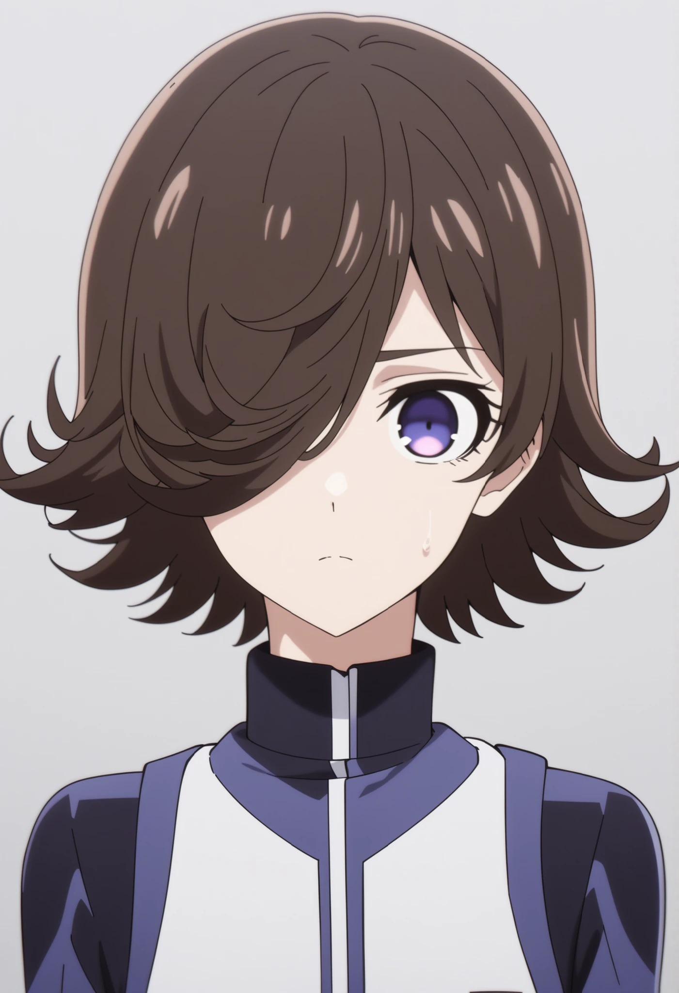 (high-quality, breathtaking),(expressive eyes, perfect face) Symmetrical Eyes, 1femboy, solo, looking at viewer, short hair, bangs, hair covering eye, rice shower, Derby shoes , upper body, portrait, simple background, brown hair, blue lock anime, blue lock anime uniform, blue_lock_style, blue lock bodysuit, blue tank top,red tank top,white tank top,black tank top , soft expression, calm, neutral,