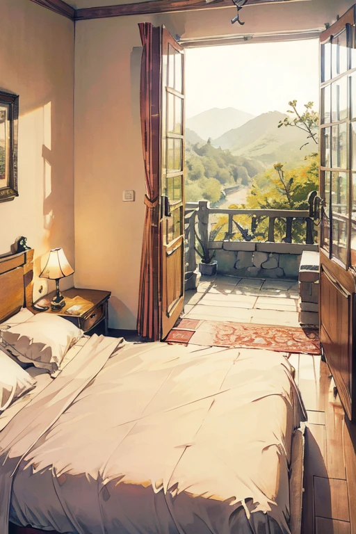  in an imagined bed, with a thinking face, 4k behind her, a window with a landscape