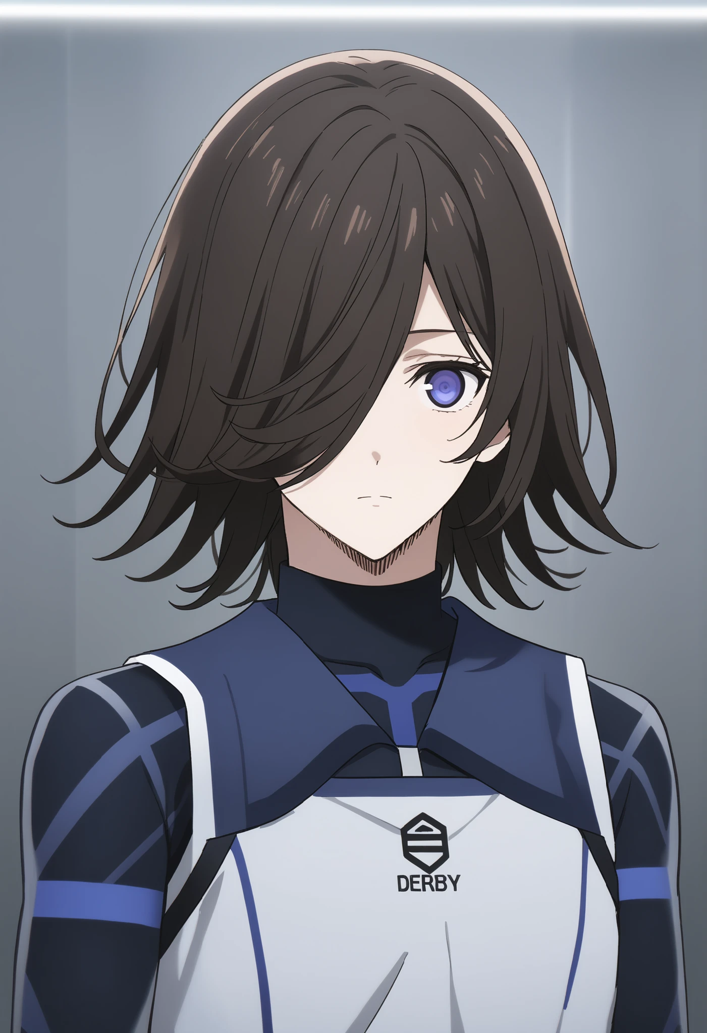(high-quality, breathtaking),(expressive eyes, perfect face) Symmetrical Eyes, 1boy, male, solo, short hair, bangs, hair covering eye, rice shower, Derby shoes, simple background, brown hair, blue lock anime, blue lock anime uniform, blue_lock_style, blue lock bodysuit, blue tank top,red tank top,white tank top,black tank top , soft expression, calm, neutral, upper body shot, perfect compostition

