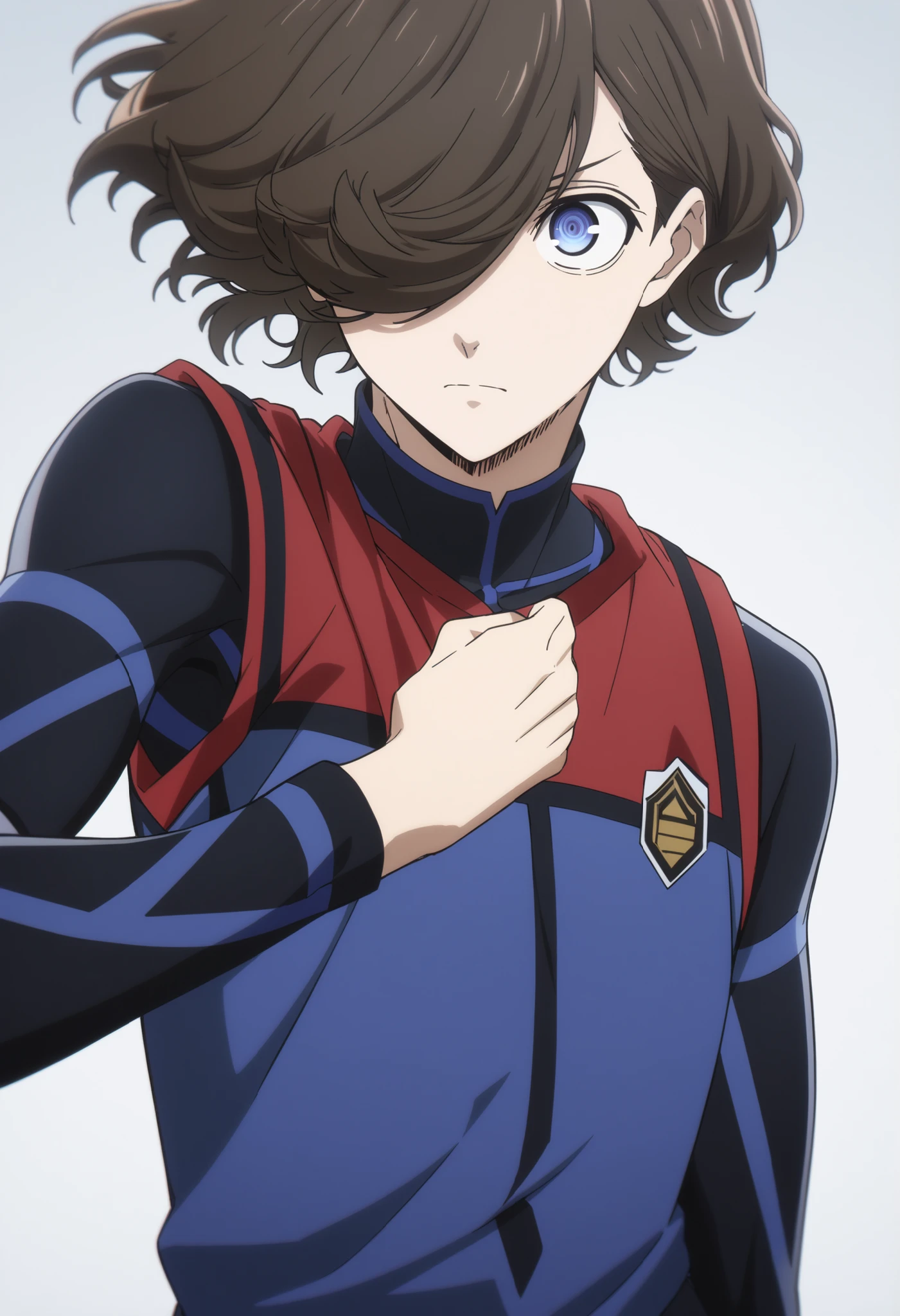 (high-quality, breathtaking),(expressive eyes, perfect face) Symmetrical Eyes, 1boy, male, solo, short hair, bangs, hair covering eye, rice shower, Derby shoes, simple background, brown hair, blue lock anime, blue lock anime uniform, blue_lock_style, blue lock bodysuit, blue tank top,red tank top,white tank top,black tank top , soft expression, calm, neutral, upper body shot, perfect compostition
