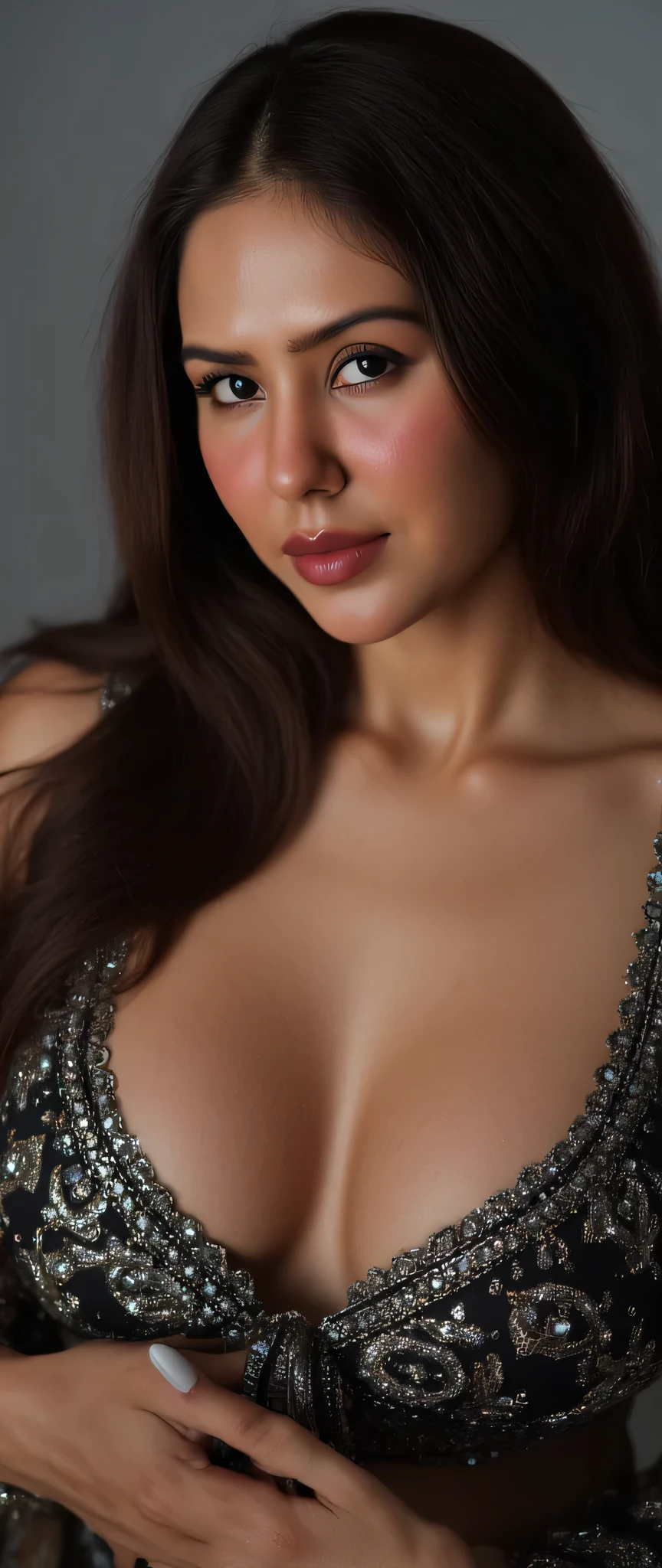 perfect pink eyes, fantastic face, Indian, beautiful look, ((red lips, bright eyes, curve heir 1.5)), ((beautiful details very big  )), (Straight round and ultra huge clevage, not sagging ), A glorious gorgeous, glorious gorgeous face, pretty face, bright eyes, detailed elegant printed black saree and silver work,  long straight hair style beautiful,blurred gray tones background, ultra focus, face illuminated, face detailed, 8k resolution, painted, dry brush, brush strokes, razumov style and garmash style, by Tokaito,  ((Full Open )), navel show  looks  poses, very deep cleavage show, tight  curves 