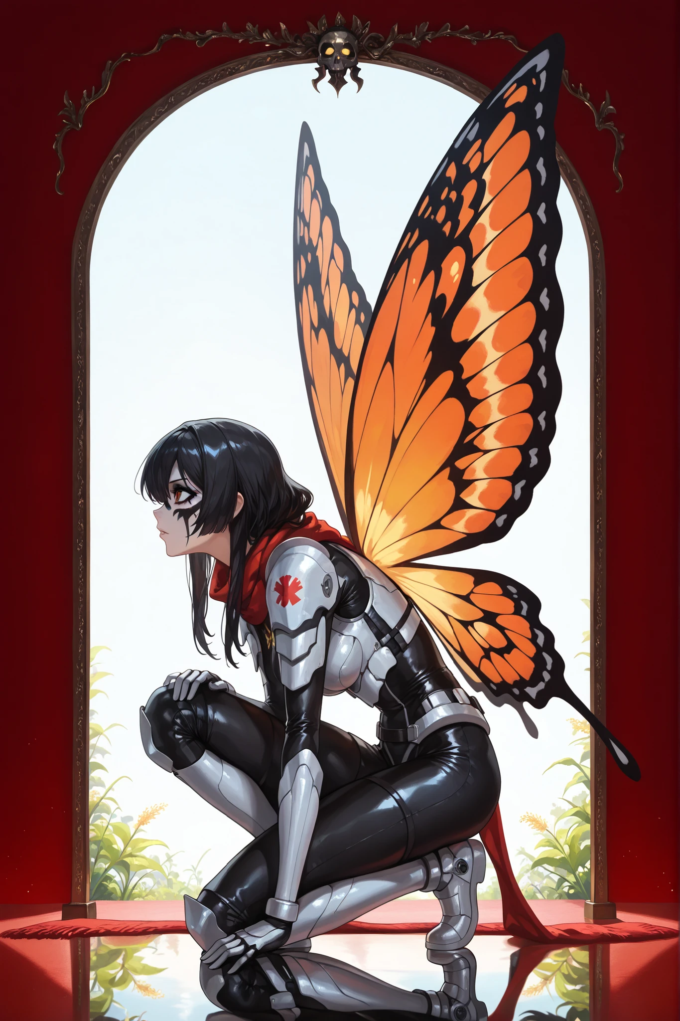 1girl, (track meet set position), female focus, wasting, looking up into distance, ((3/4 side angle, 3/4 profile shot, full body:1.3)) , long hair blown back, scarf, battle nurse, layered plastic plated armor, lightly armored clothes, (day of the dead face paint_, ((four giant monarch butterfly wings:1)), ((calm stoic expression)), Latina woman, black hair, serious expression, crouched on one knee in preparation to fly, wide angle, full body shot of a gaunt meta humanoid, skull-faced humanoid woman, white facepaint, skull painted face, teeth, dark shrunken eyes, pronounced hips, healer class, 4 ethereal orange, yellow, red, white, and black, technicolor giant monarch butterfly wings, 3/4 profile view, shiny, battle alien butterfly babe,