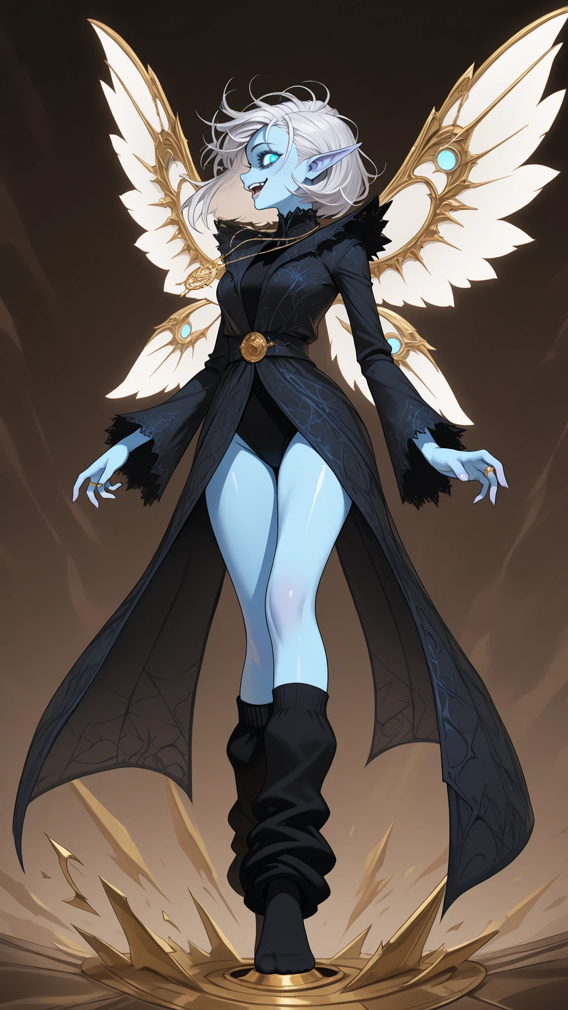 ((profile angle, semi-side view)) Icemagmb, ice,,1girl, arrogant, laughing, female focus, light blue skin, wild messy hair, crazy eyes, (brown streak in white hair:1), dark blue intricate clothing, white blue wings, old black socks, haphazard haircut, elf fairy, wearing long socks, (necklace with oversized gold wedding ring, magically floating in aggressive pose, big attitude, wearing large human socks with foot padding, crazy laughing, rowdy, crass, beautiful, wicked smile, seductive pose, winking at viewer, 3DMM,detailxl, detailxl,Blue eyes, glowing eyes, 3/4 profile angle, full body, heroic pose, ready for war, dark body suit with blue and brown lines