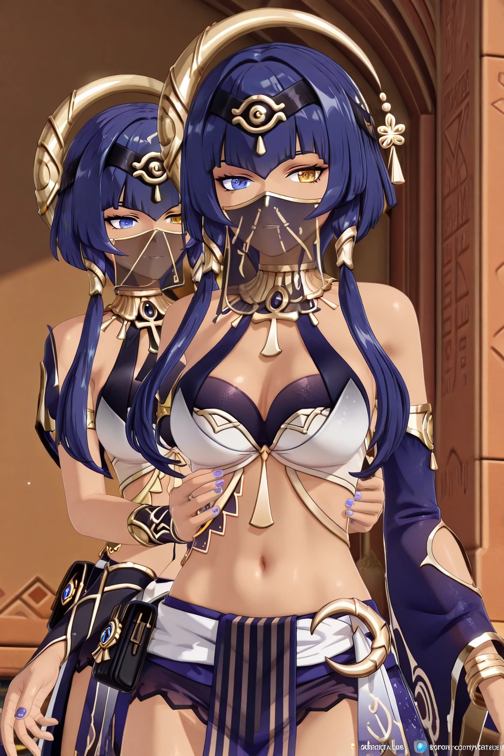 harem outfit, dancer, (Mouth veil), (Face Veil), Dancing, See-through、(huge udder)、(thin-waist)、Red cheeks、long、(Hair above one eye)、(White hair)、(Yellow eyes)、which are full of confidence、(tall)、Huge ???