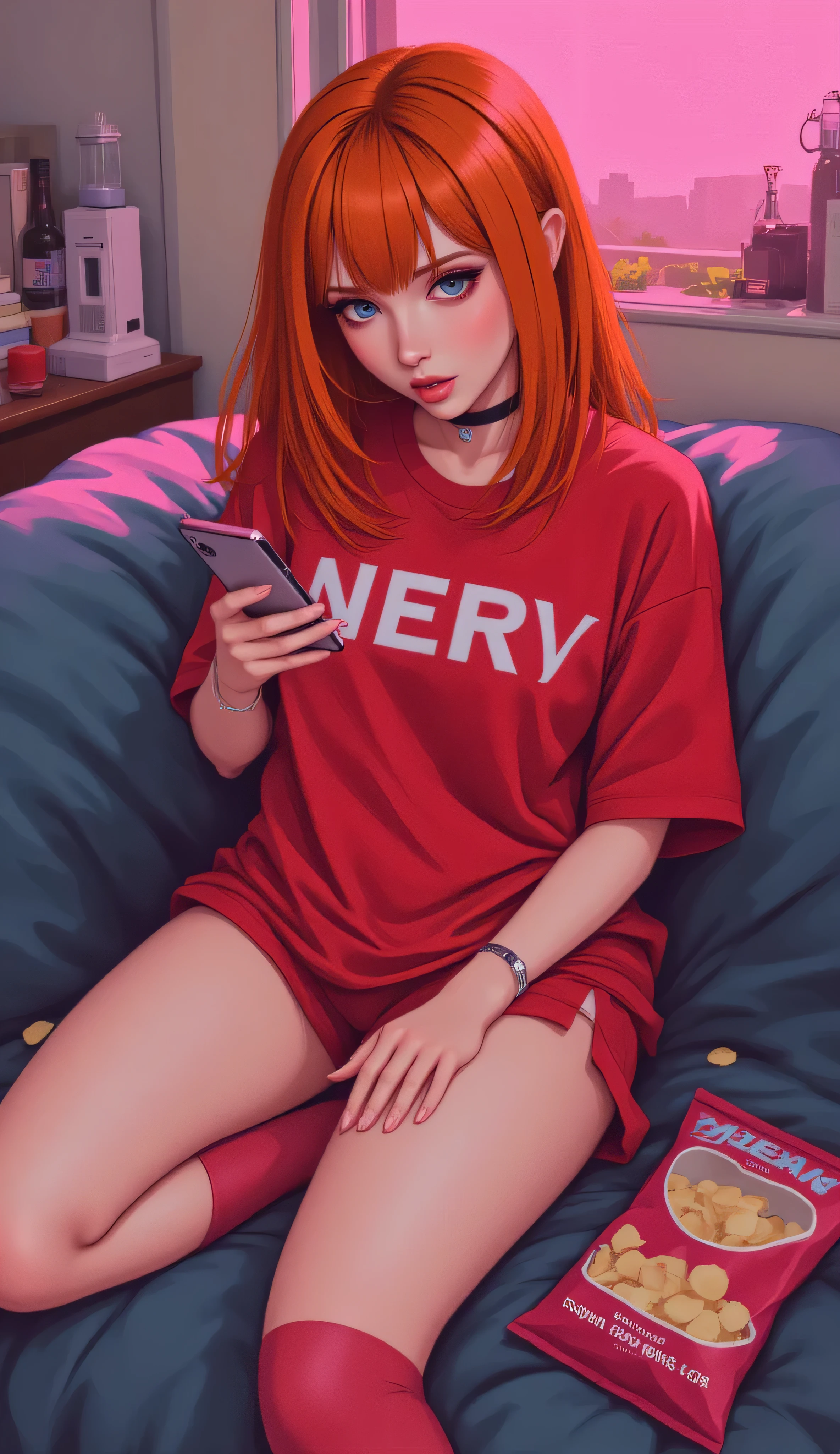 HDR, 8K, masterpiece, best quality, amazing quality, very aesthetic, open mouth, cowboy shot,
(realistic:1), (flat color:1.5), (haiz_ai:1), (no lineart:1), (no outline:1), (Flat vector:1),
(artist:incase:0.5), small breasts,
abstract colors theme, souryuu asuka langley, , orange hair, , 1girl, solo, , eyeliner, mascara, kohl, , skinny, medium breasts, fashion, taut clothes, , covered navel, choker, delicate skin, outside border, annoyed, naked shirt, bottomless, thighhighs, "NERV" t-shirt, sexually suggestive, red shirt, skinny, no panties, pubic hair,
navel, red dolphin_shorts, upshorts, pussy peek, no panties, sneakers, pubic hair peek, holding smartphone, opened bag of potato chips nearby, on a couch, looking at the smartphone, BREAK Full body shot