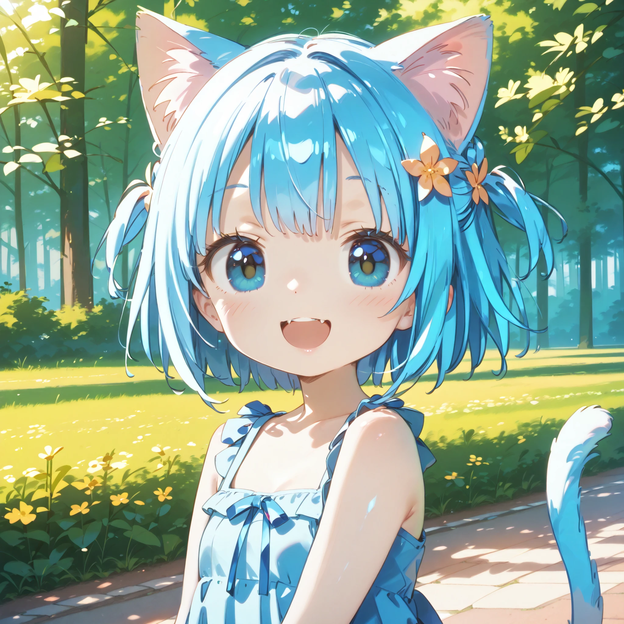 Highly Detailed Faces, beautiful eyes, Long Lashes, Detailed Facial Features,masterpiece, Highest Quality, 8k, super high resolution, Ultra Precise Painting , clear focus,、anime style,source animation ,glossy skin ,
Midsummer、Forest、Countryside Road、1 girl、Little girl、young、immature body、big eyes、Cat ears、cat tail、Summer Clothes、fine、Commemorative Photo、with a big smile