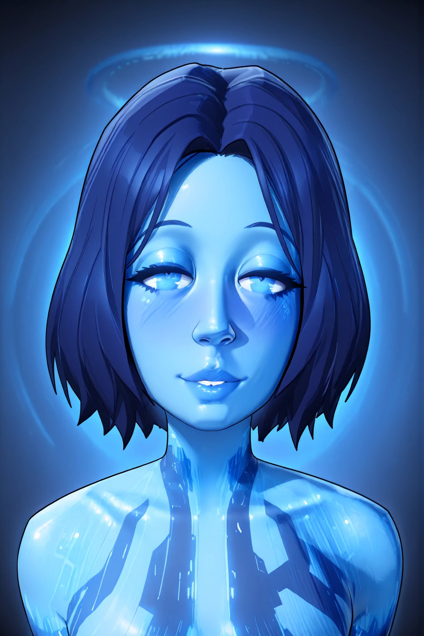 Gorgeous woman, Cortana (halo ), cartoon, 3D, blue skin, solo, full face, zoomed in, looking at viewer, blushing, seductive smile, puffy lips ,