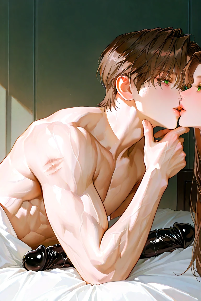 P_boy, (score_9, score_8_up:1.1), score_7_up, 2boys, couple, pink hair, black hair,short hair, slim, arched back, bed, shorts, exposed chest, nipples, shy, knee high socks, cute poses, flirting, yaoi, gay, french kiss, ass grab, ass focus, low angle, aesthetic