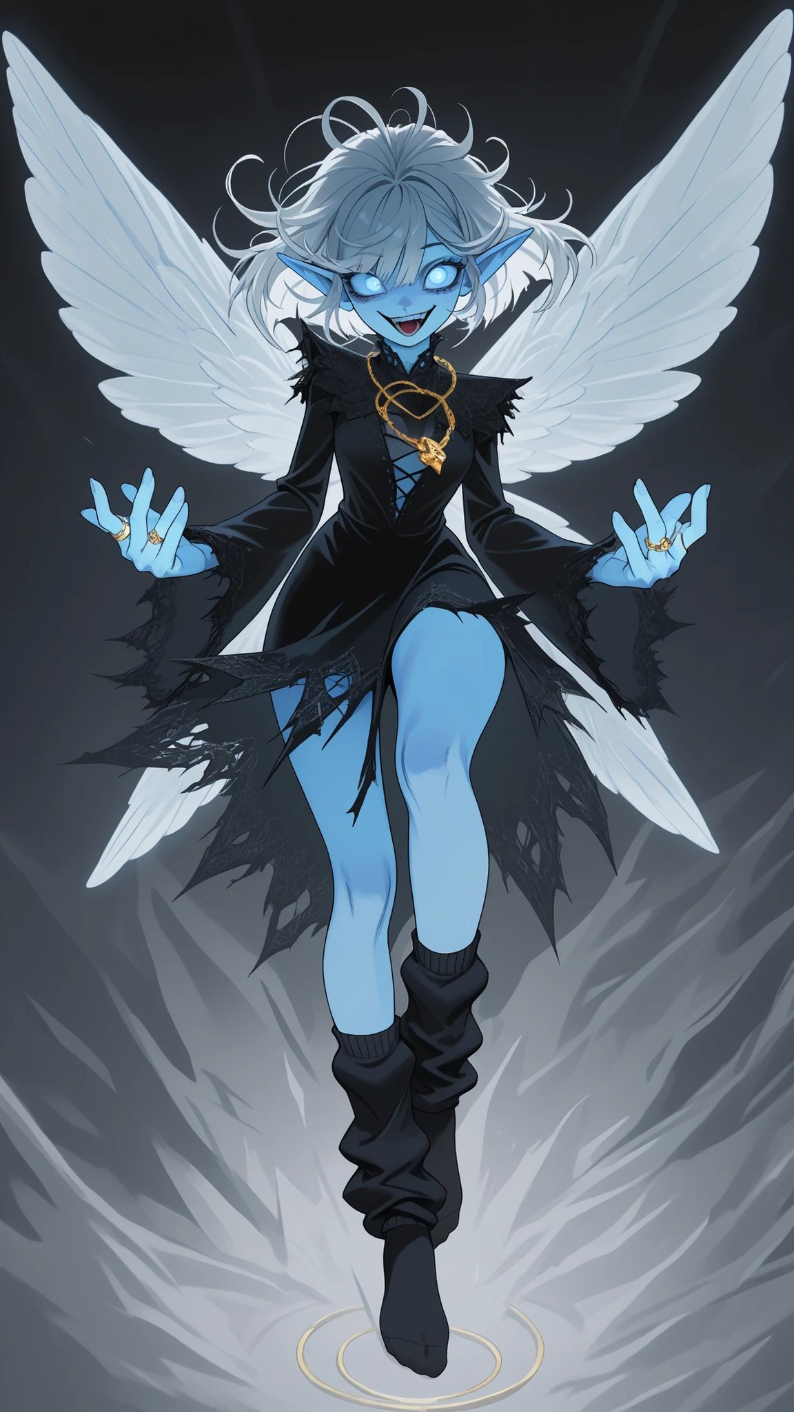 ((3/4 profile angle, semi-side view)) Icemagmb, ice,,1girl, arrogant, laughing, female focus, light blue skin, wild messy hair, crazy eyes, (brown streak in white hair:1), dark blue intricate clothing, white blue wings, old black socks, haphazard haircut, elf fairy, wearing long socks, (necklace with oversized gold wedding ring, magically floating in aggressive pose, big attitude, wearing large human socks with foot padding, crazy laughing, rowdy, crass, beautiful, wicked smile, seductive pose, winking at viewer, 3DMM,detailxl, detailxl,Blue eyes, glowing eyes, 3/4 profile angle, full body, heroic pose, ready for war,