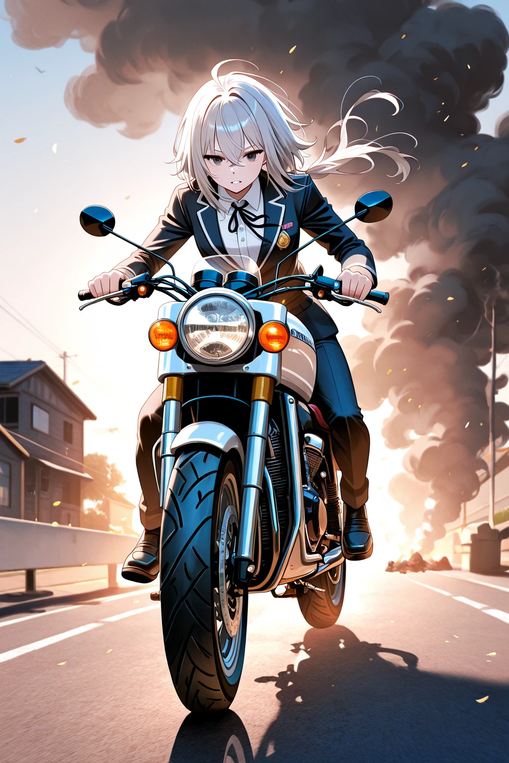 Golden hair, golden eyes with black pupils, woman, cruiser motorcycle, big , motorcycle goggles, happy, big smile, dirty, burning city at night, zombie apocalypse, tattered black streetwear, speeding, highly detailed, perfect eyes, well defined eyes, highly detailed eyes, expressive eyes