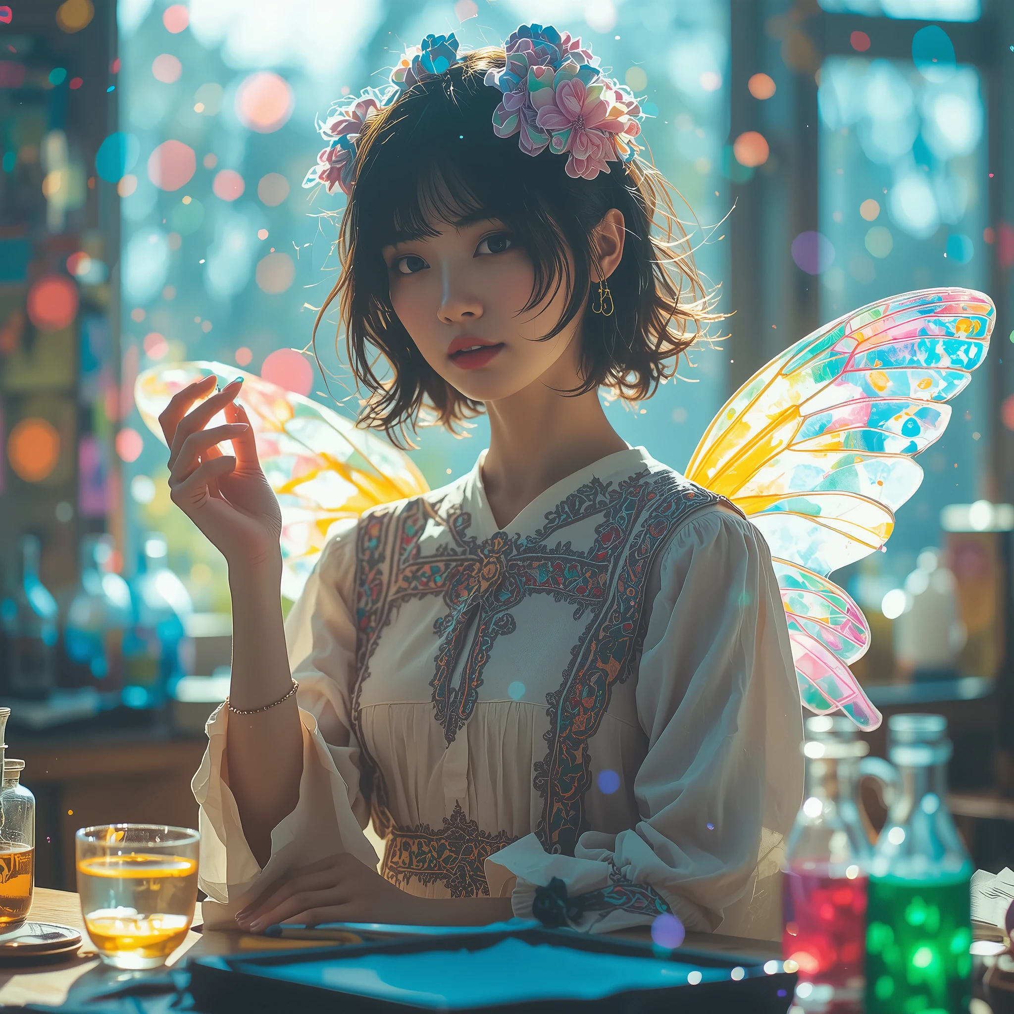 Korean girl,Magical Classroom Atmosphere, Classroom Tools That Float, Graceful Fairy Professor, Glowing magic wand, Magical Classroom Fairies, Colorful Potions, Shining Wings, Refined Colors Unique to FluX {X} Rainbow Reflections on Crystal Windows, Dreamy Classroom Atmosphere