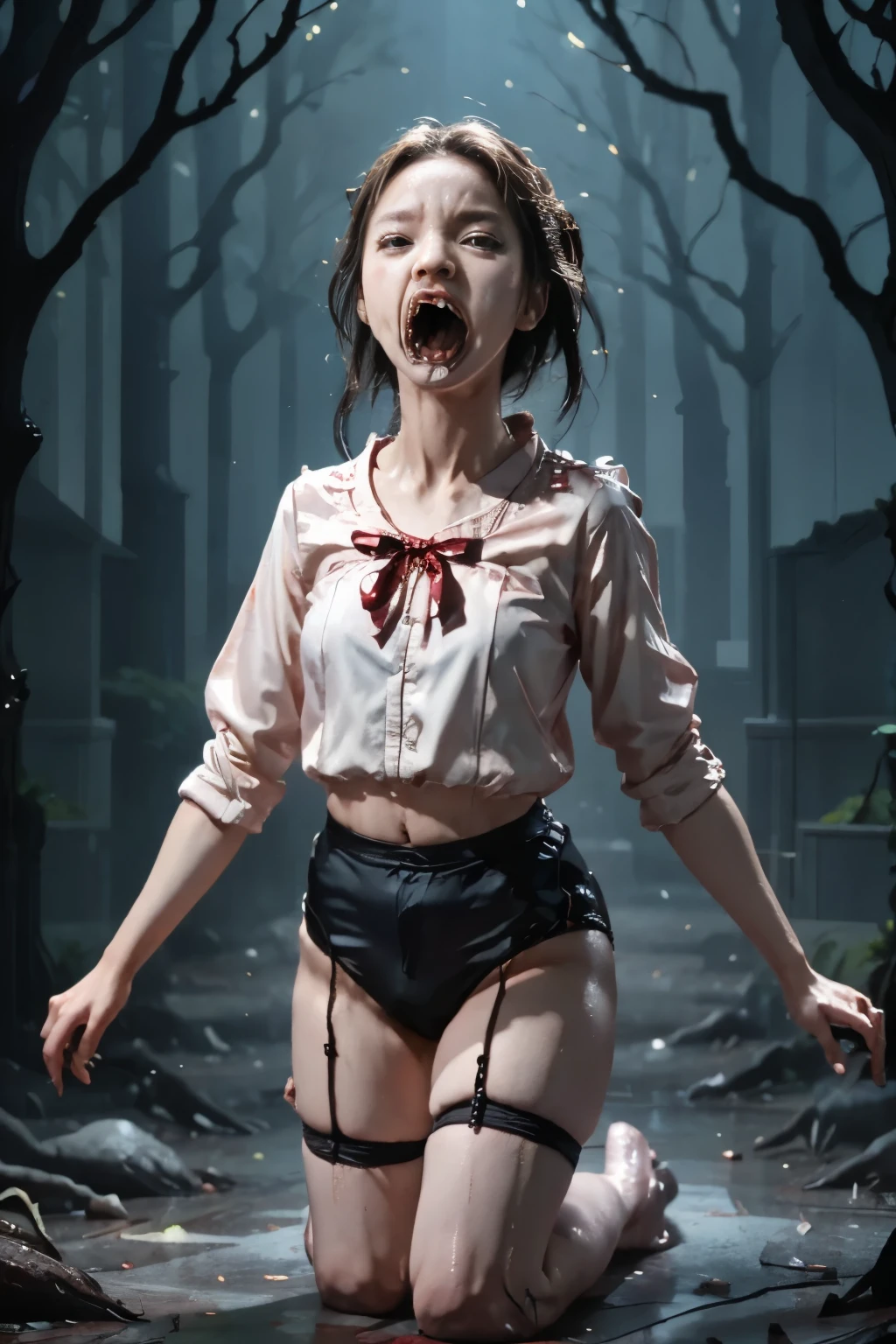 (masterpiece, highest quality), 1 girl, beautiful face, beautiful body, wearing a Black gymnastics bloomers, High leg、red blouse, cowboy shot、Are standing、full body portrait、alone, complex details, enlarged textures, complex details, finely detailed eyes and detailed face, intricate details, (closed mouth), perfect eyes, equal eyes, perfect body, extremely detailed, (), extremely realistic 3d,In a dark forest、red blouse,black bloomers,high leg,self wedgie,bloomers pull myself,